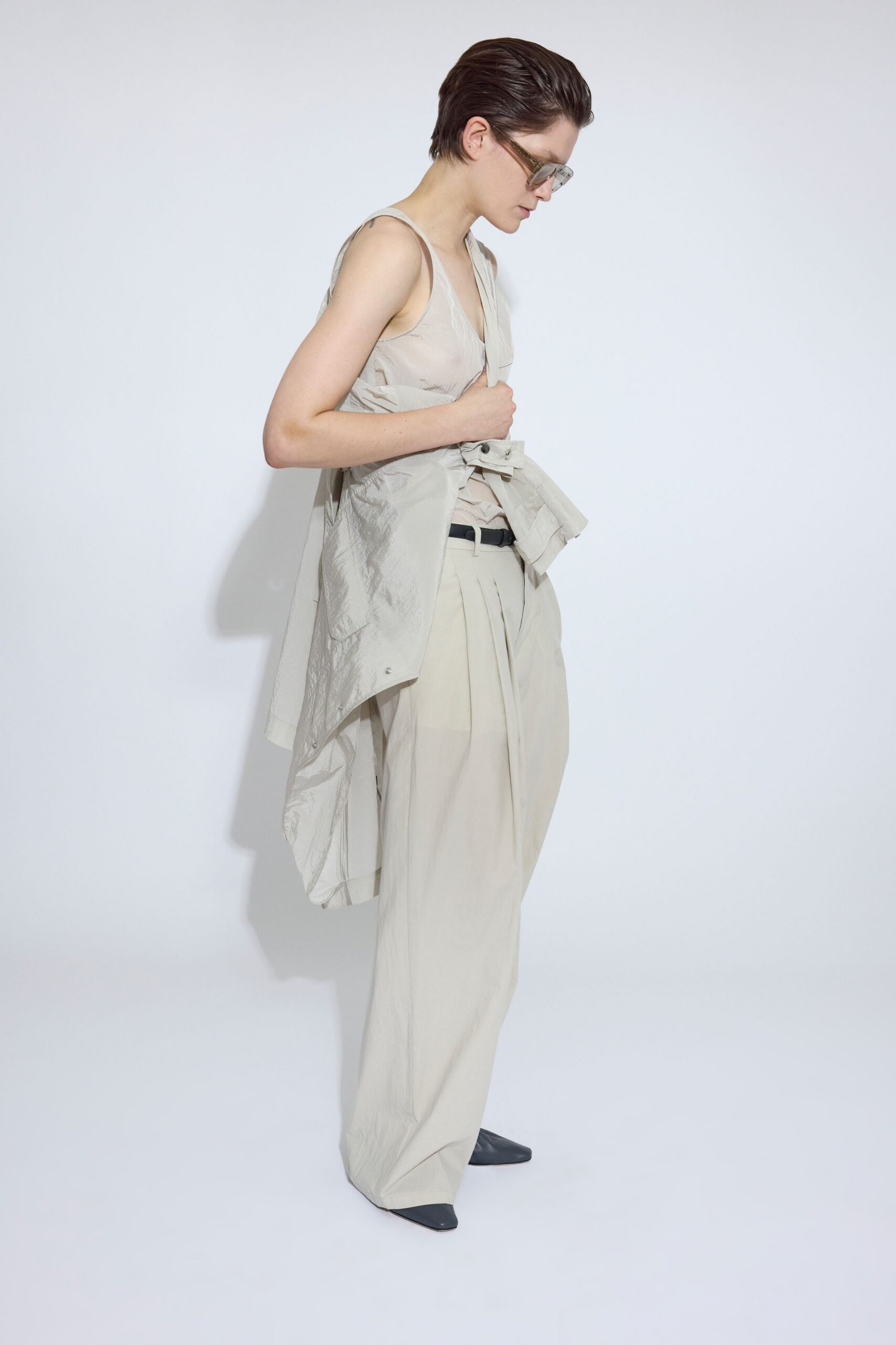beige silk sleeveless v-neck relaxed draped top