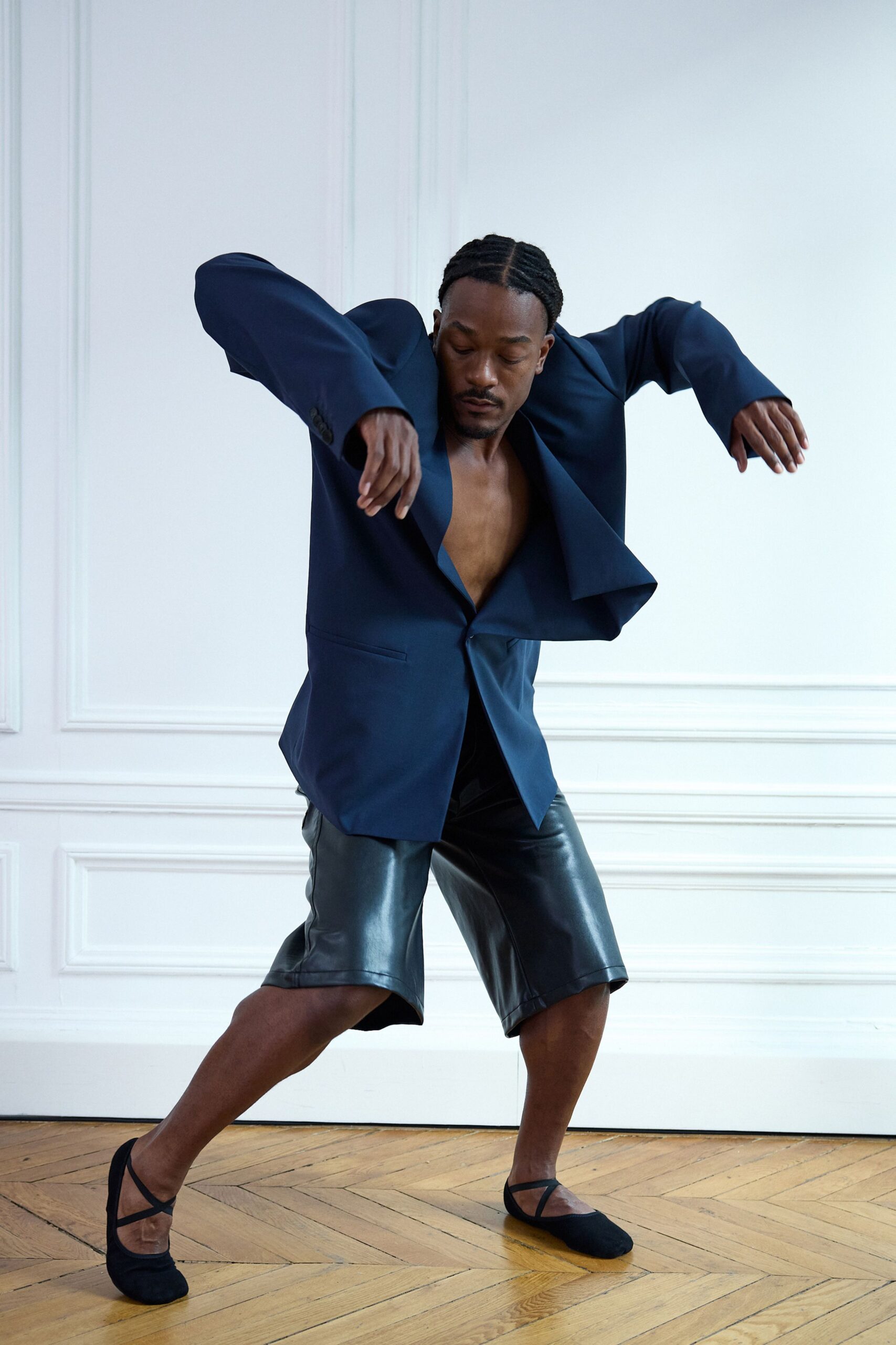 blue oversized blazer with black leather shorts