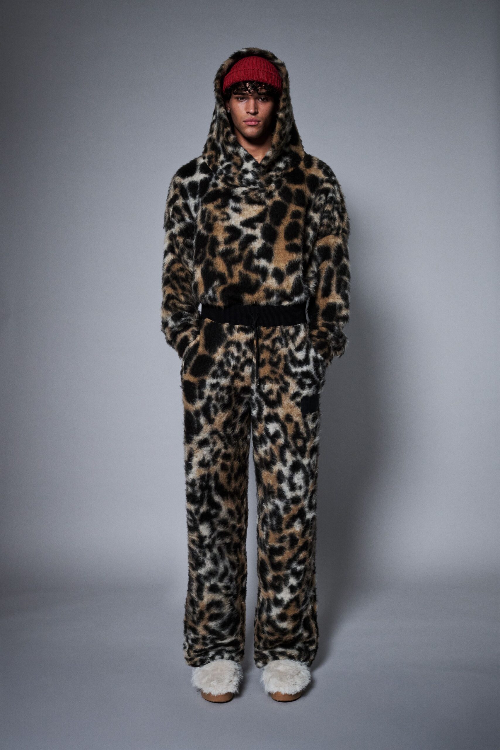 brown animal-print faux-fur hoodie and pants