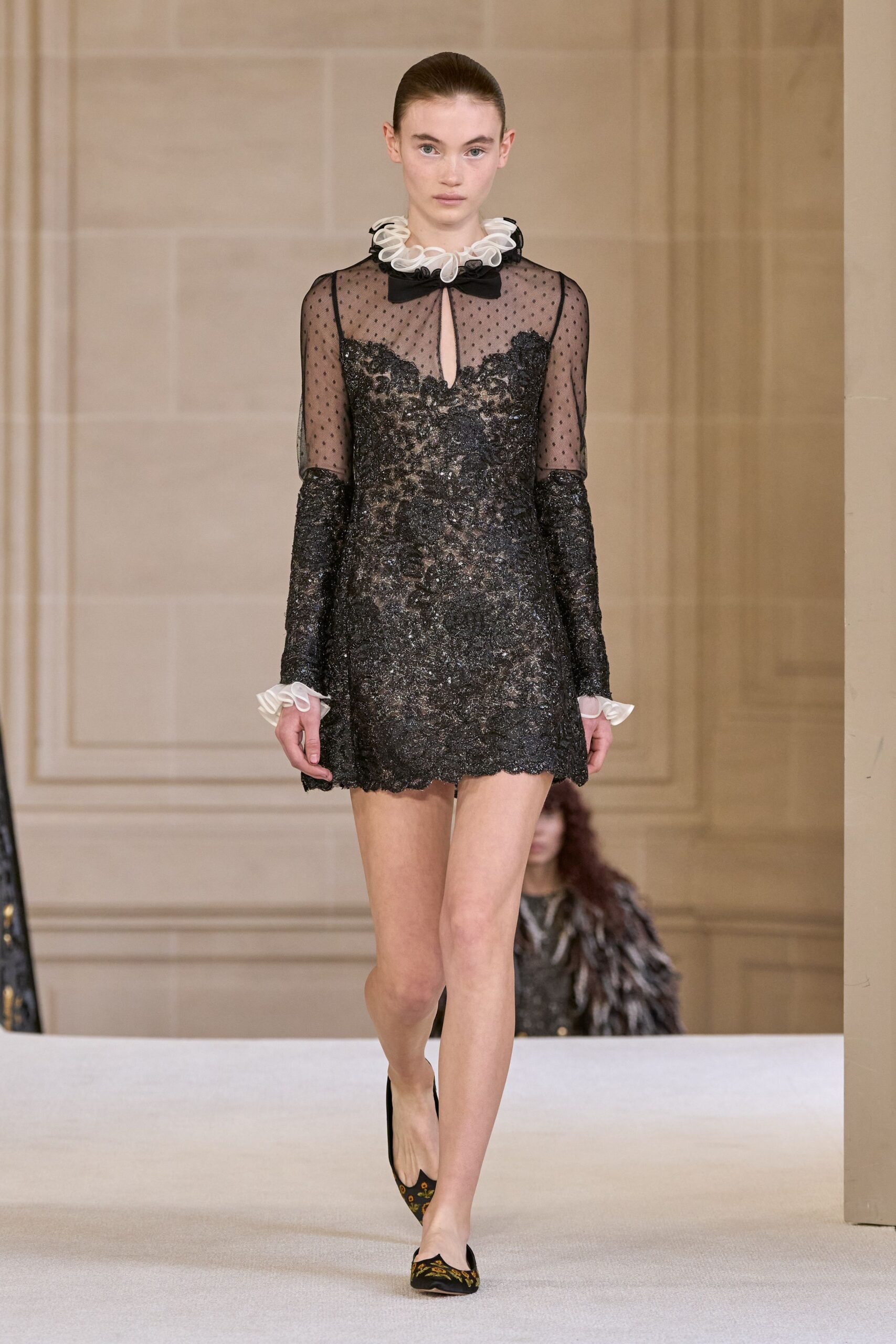 black lace long-sleeve v-neck fitted pleated ruffled dress