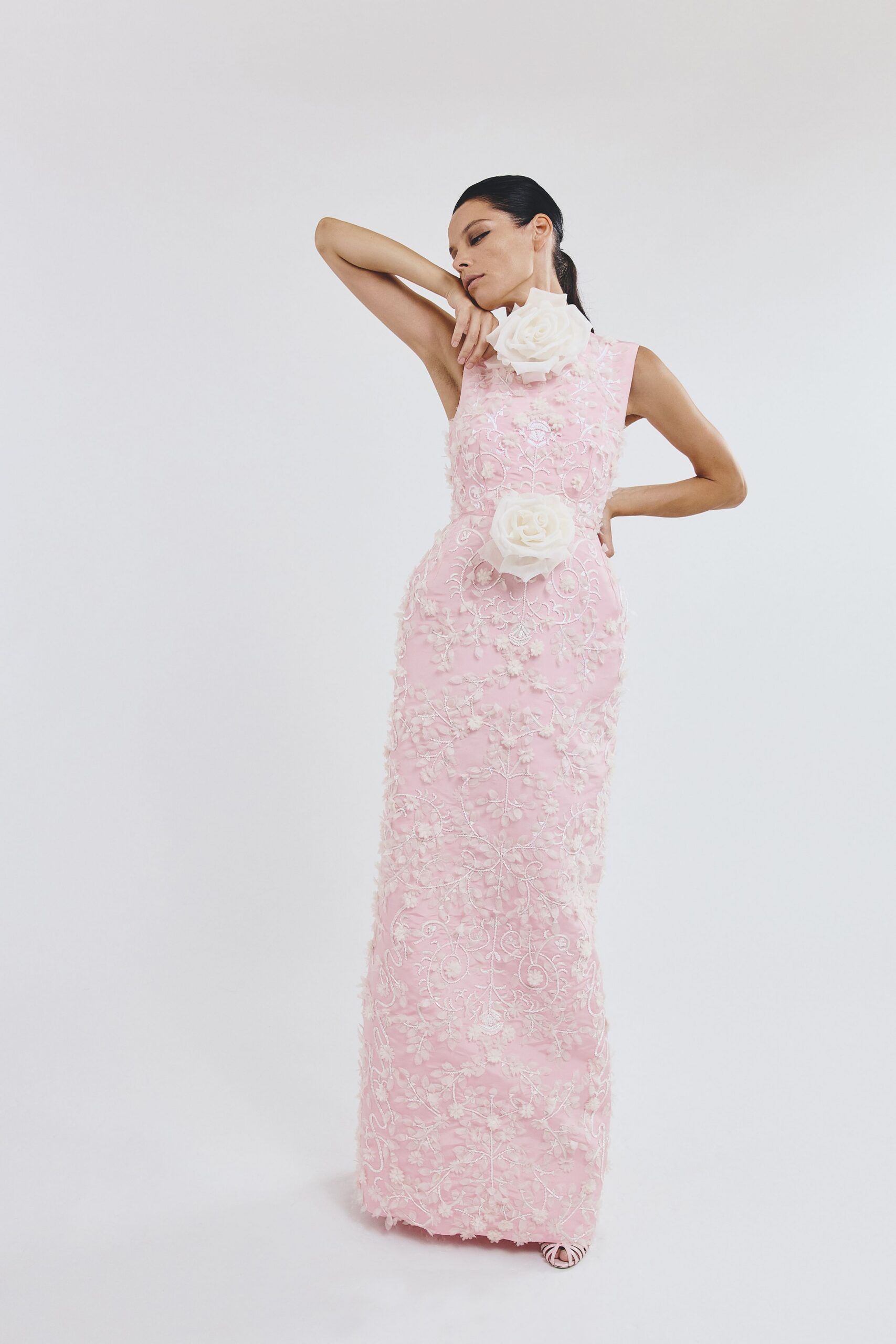 pink embroidered floral gown