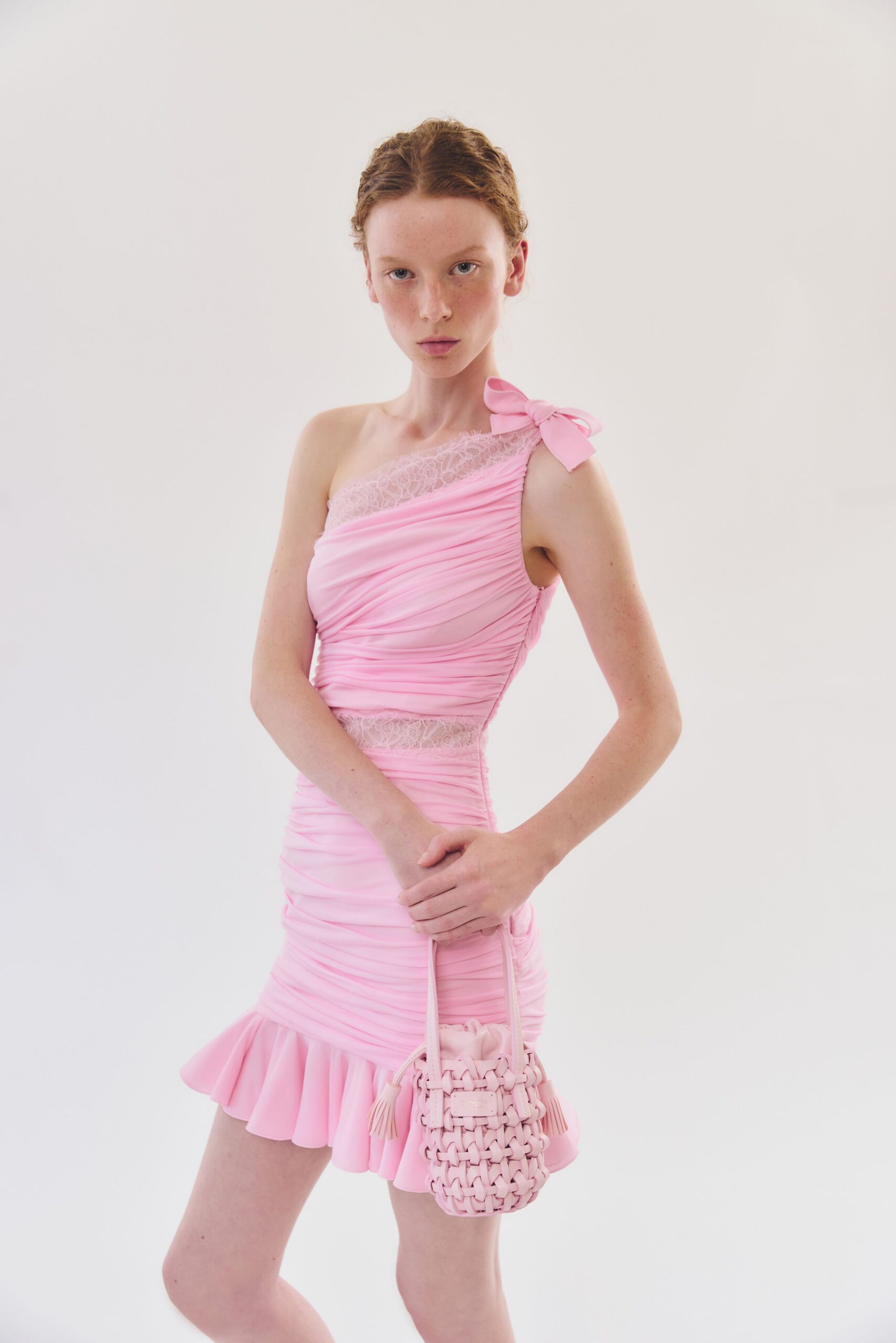 pink silk sleeveless off-shoulder fitted ruched flared dress