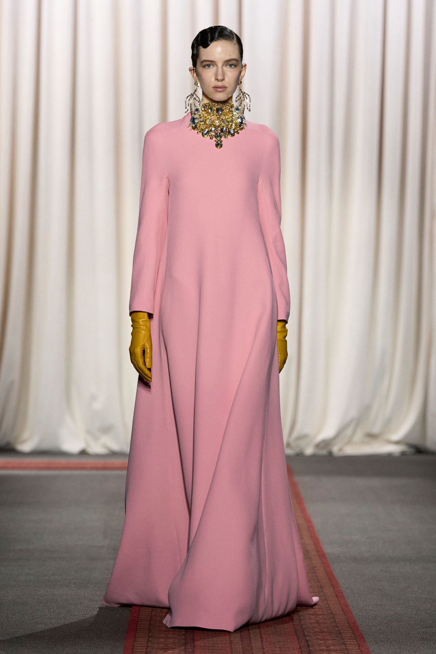 pink silk relaxed gown with gloves