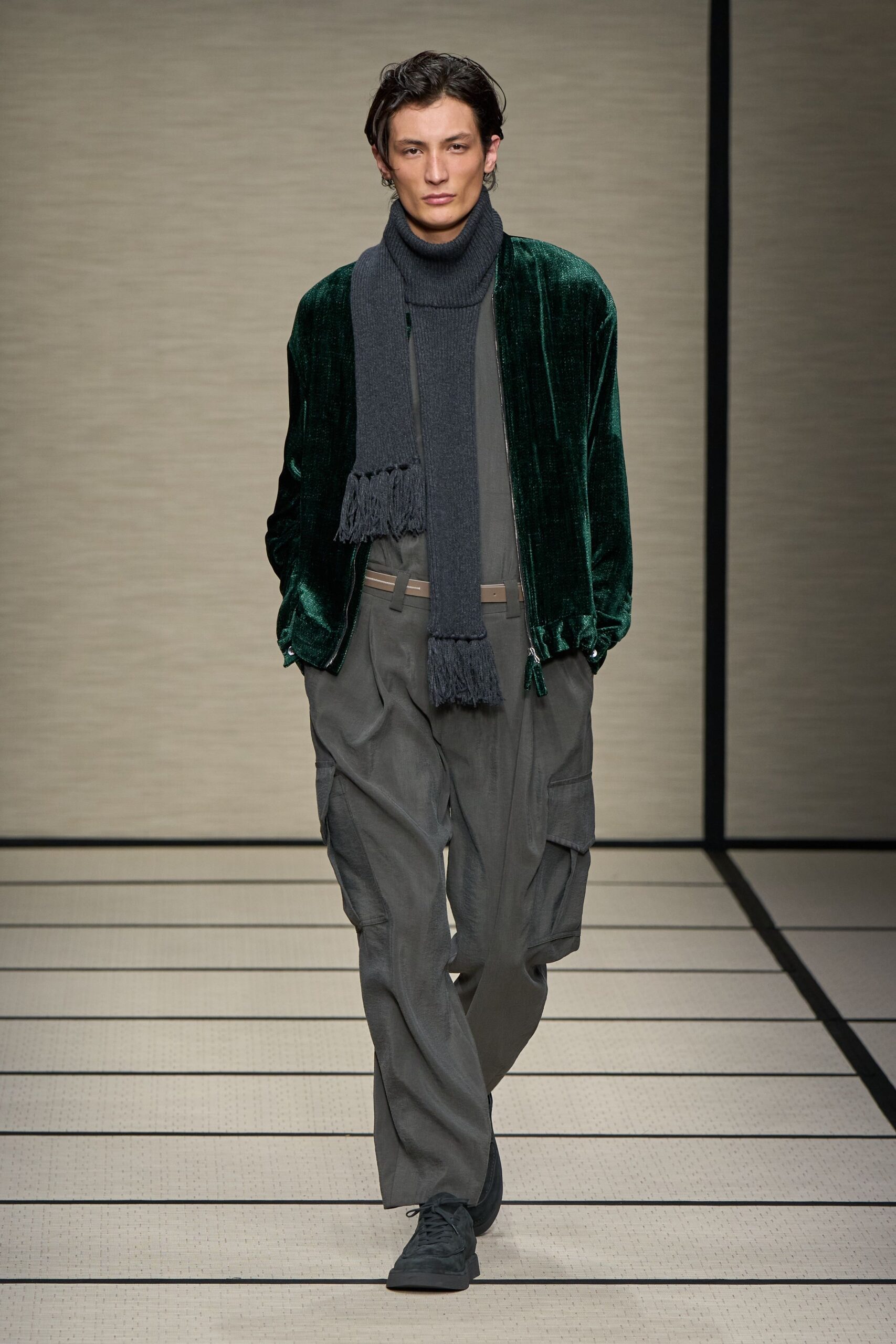 green velvet jacket gray top