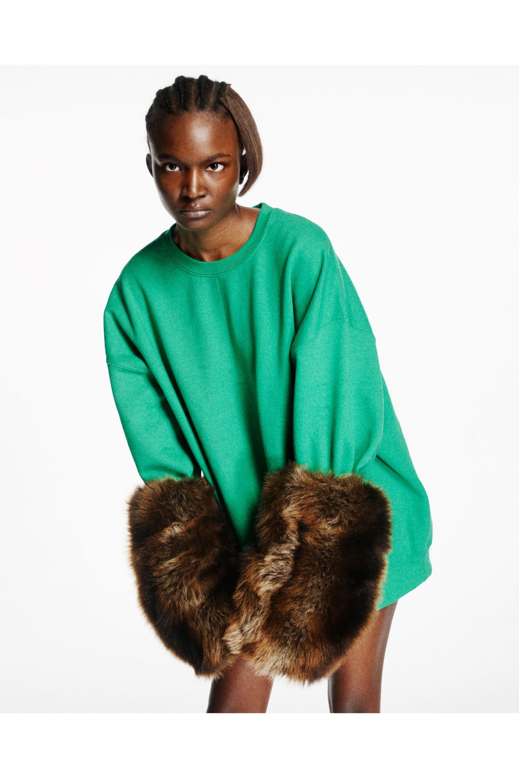 green cotton long-sleeve oversized layered top