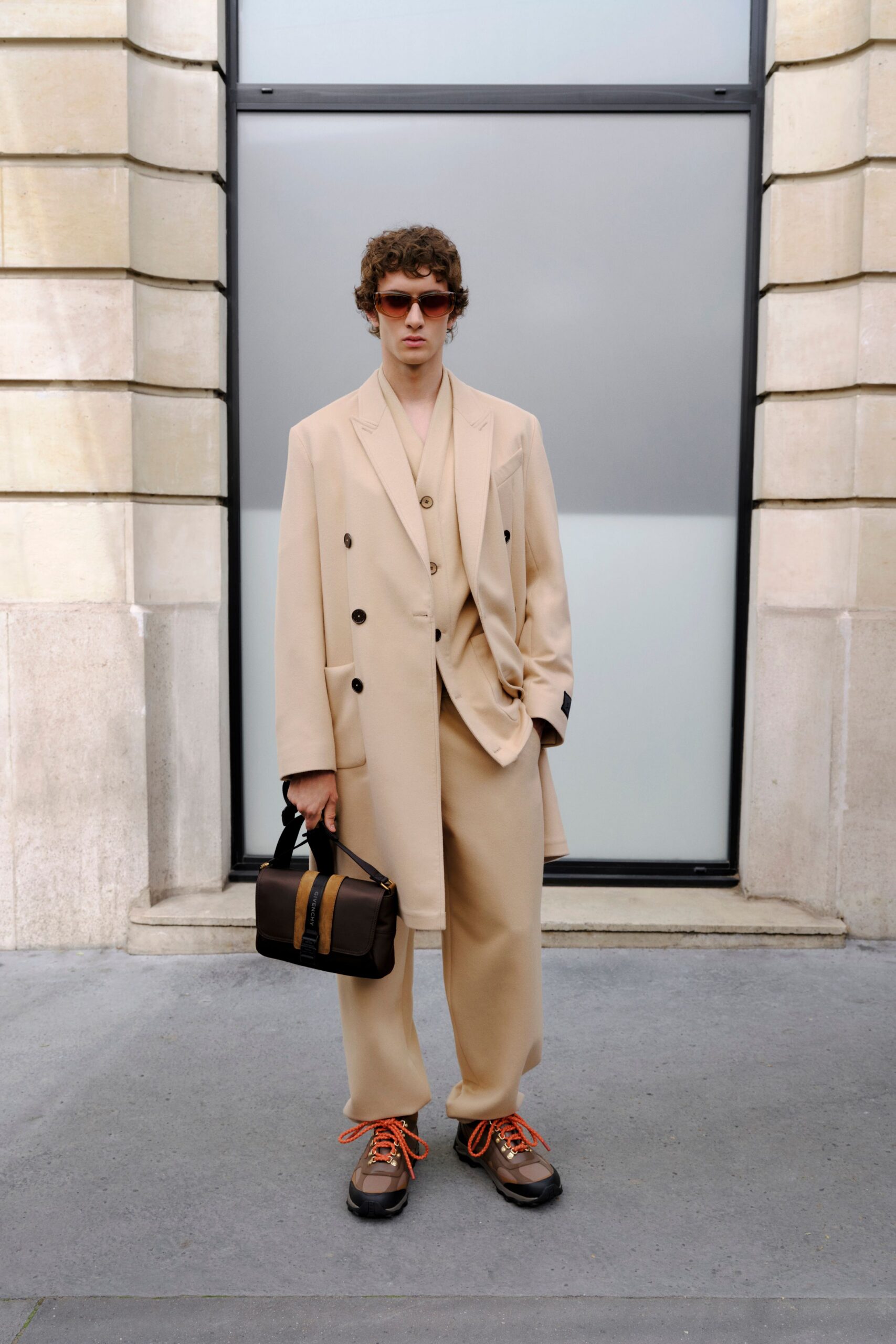 beige wool long-sleeve collared tailored suit