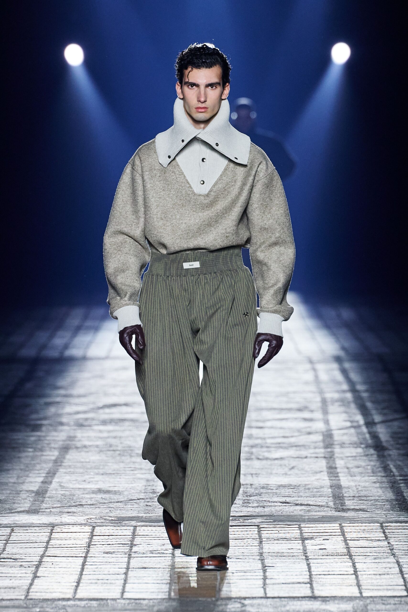 gray wool sweater with relaxed pants