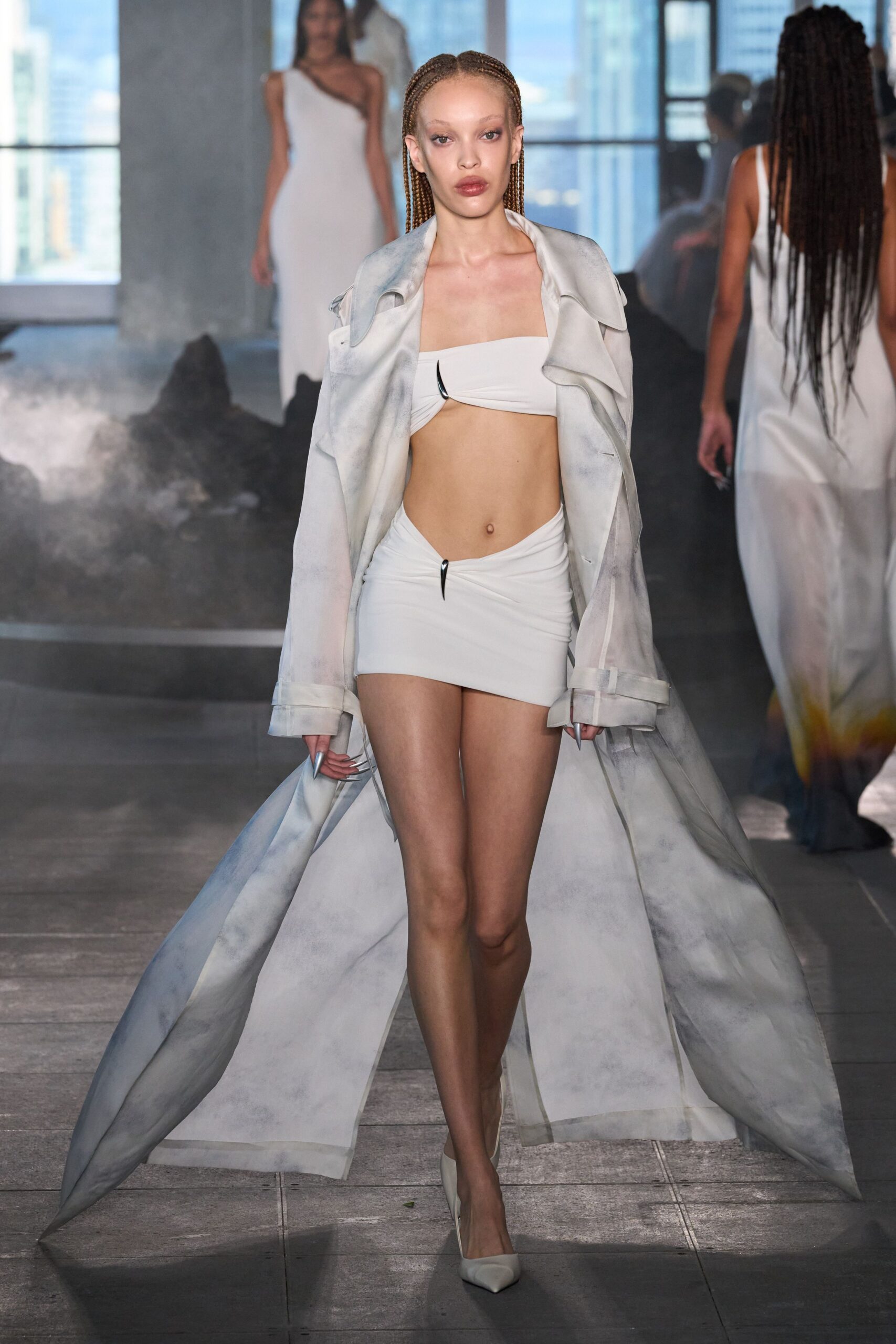 white cotton long-sleeve relaxed draped coat