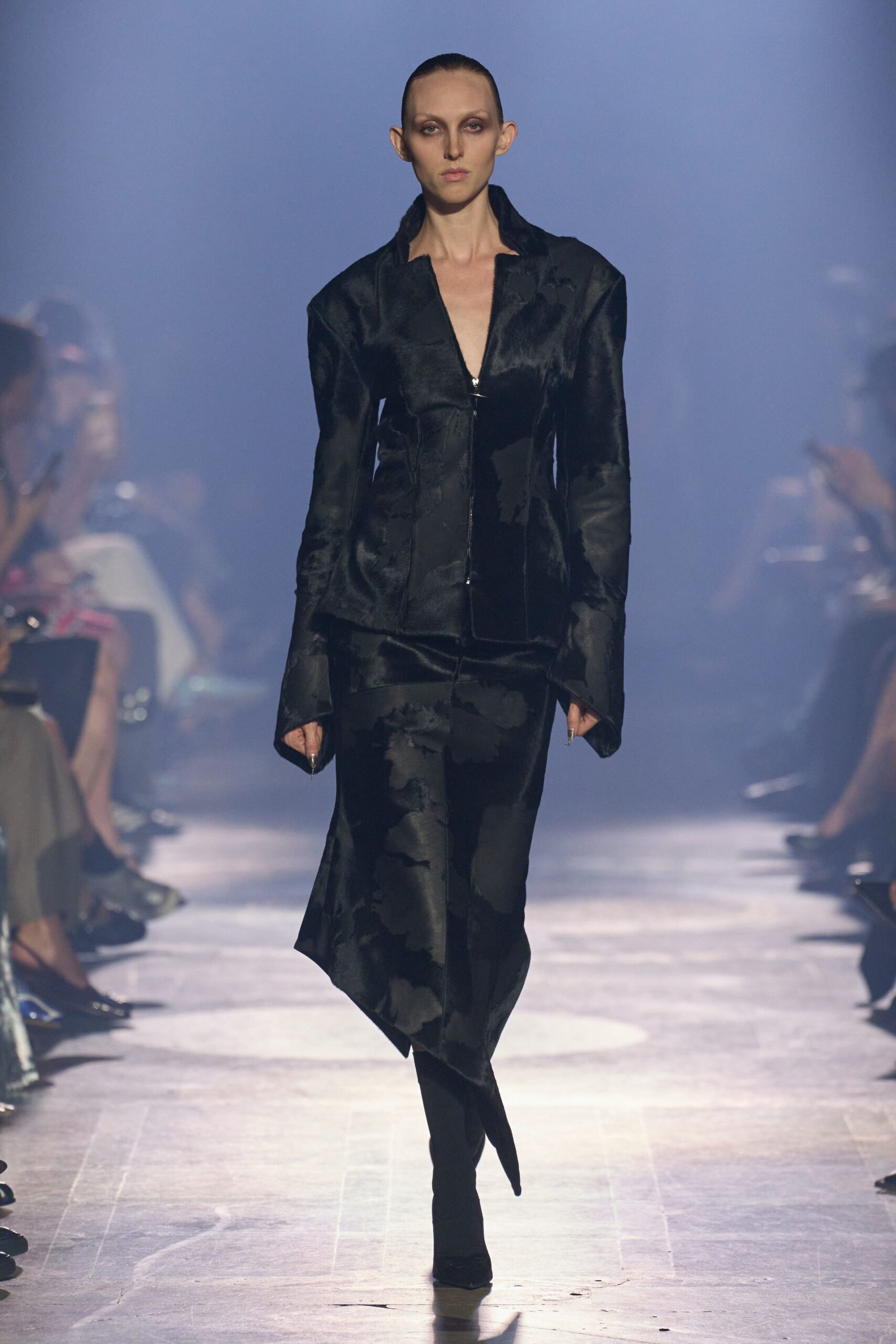 black silk long-sleeve v-neck fitted shiny midi dress
