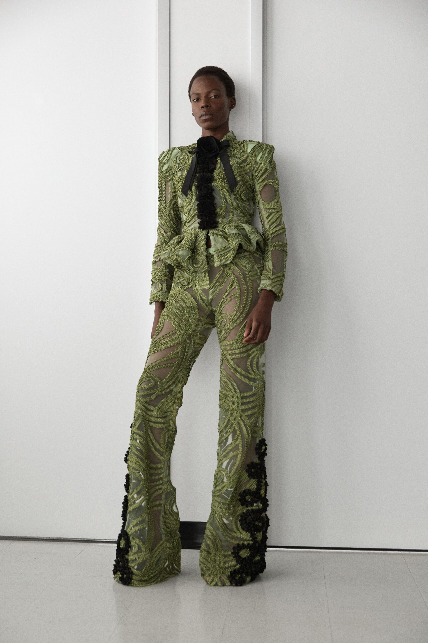 fitted green lace suit