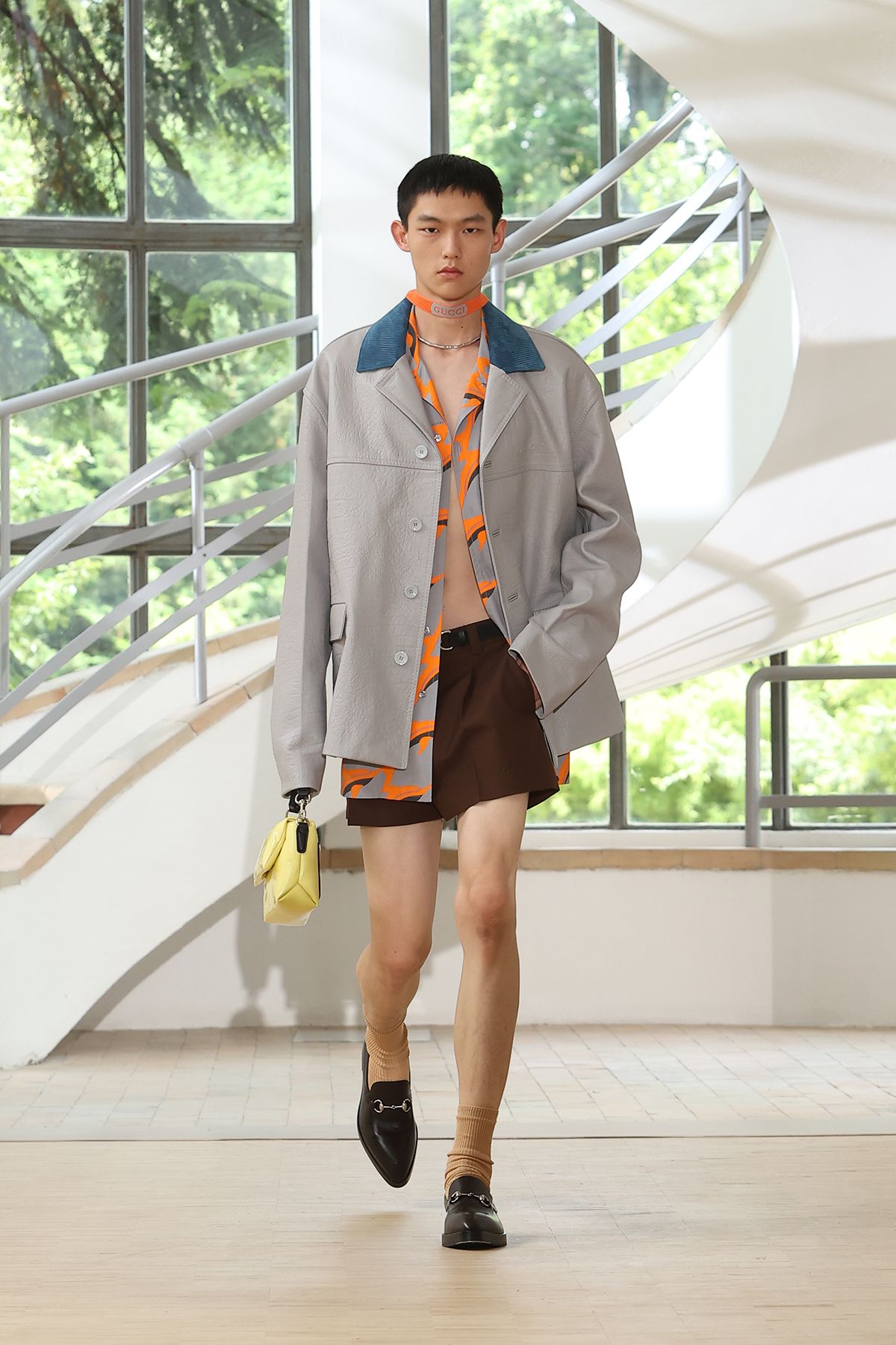 gray leather long-sleeve collared oversized jacket