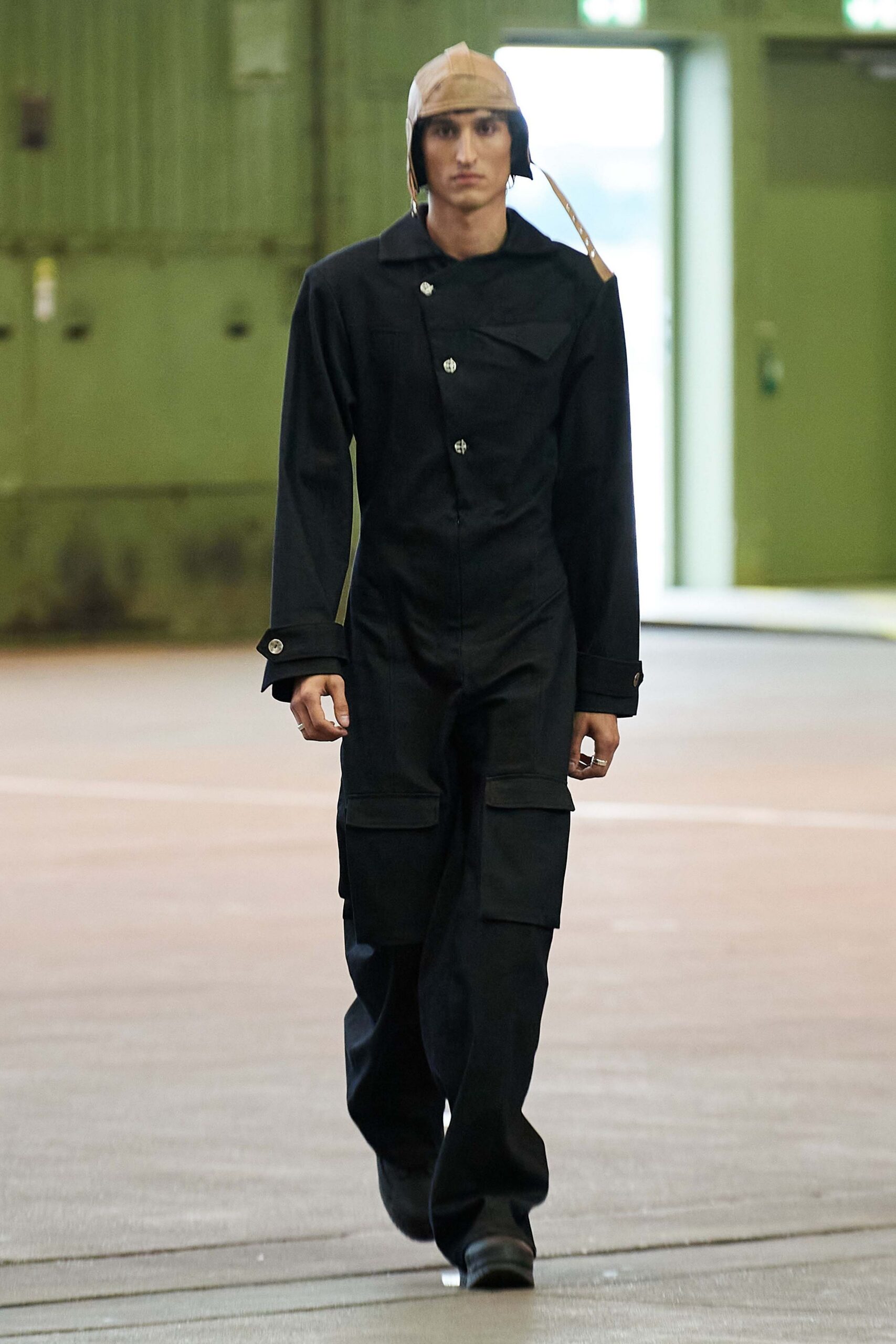 black fitted jumpsuit with hat