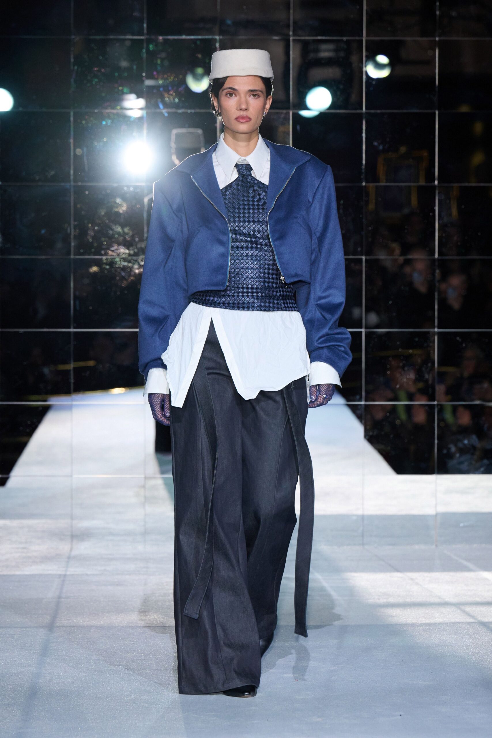 blue oversized jacket with gray pants