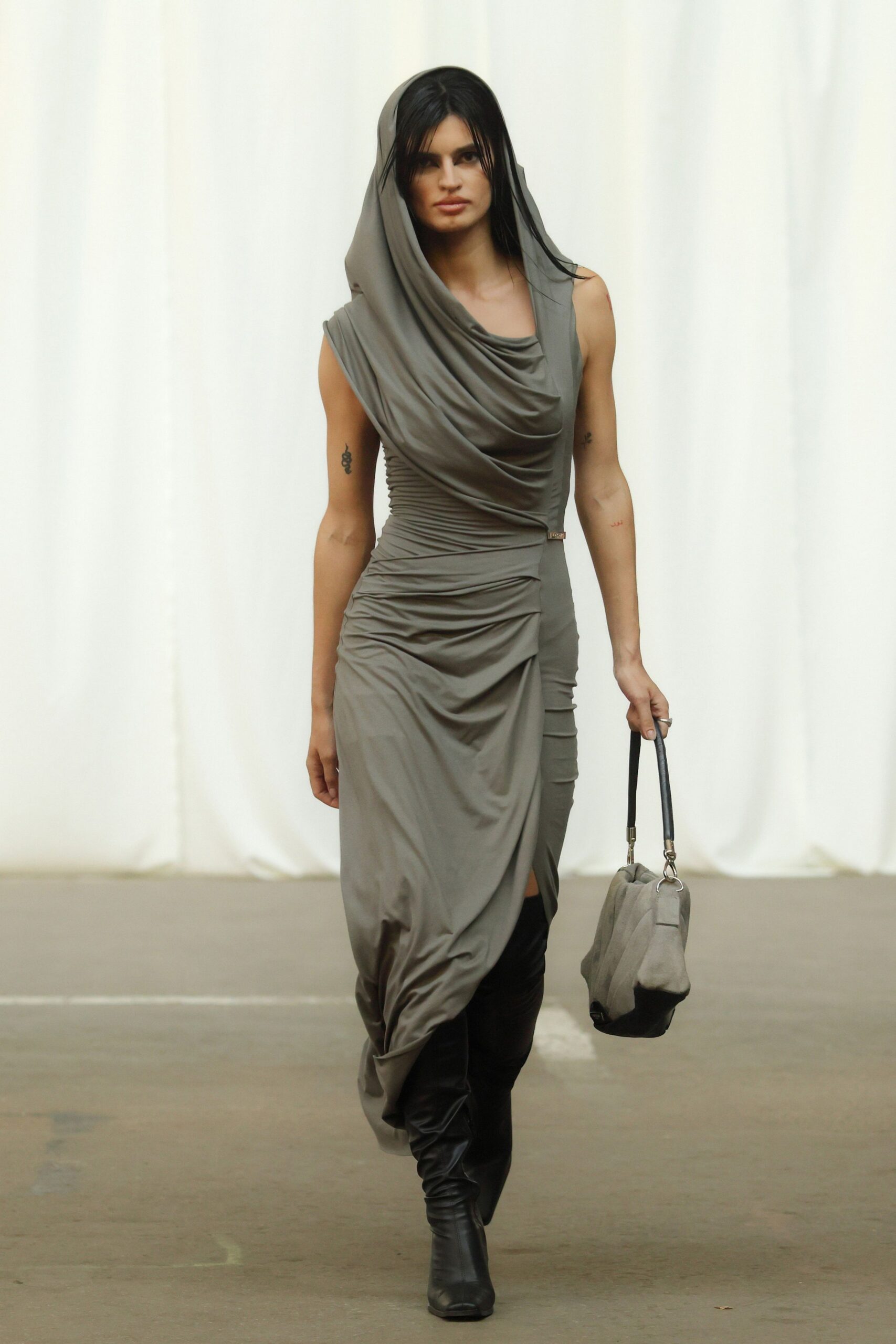 gray silk sleeveless v-neck fitted draped flowing dress