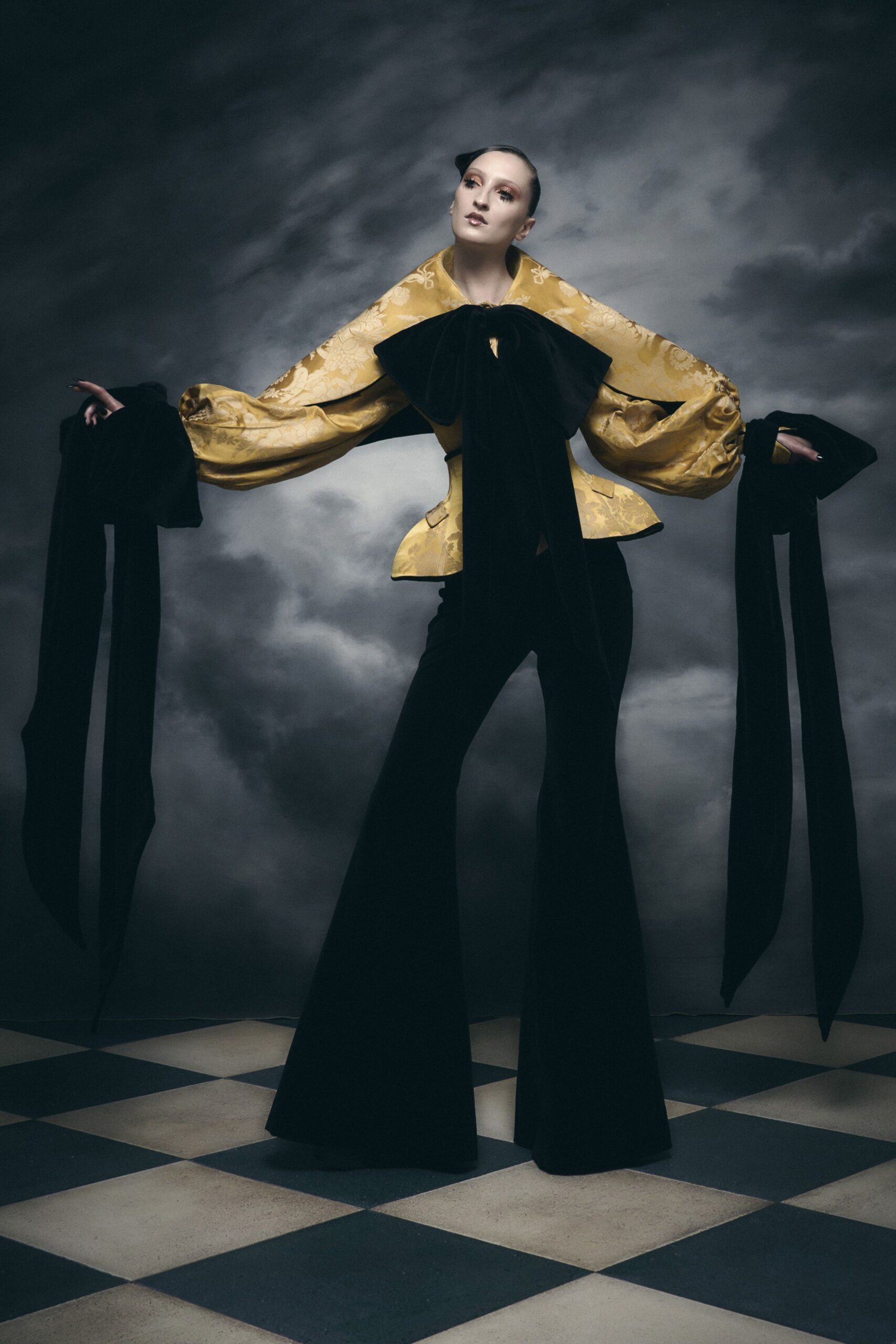 yellow silk long-sleeve collared fitted ruffled blouse