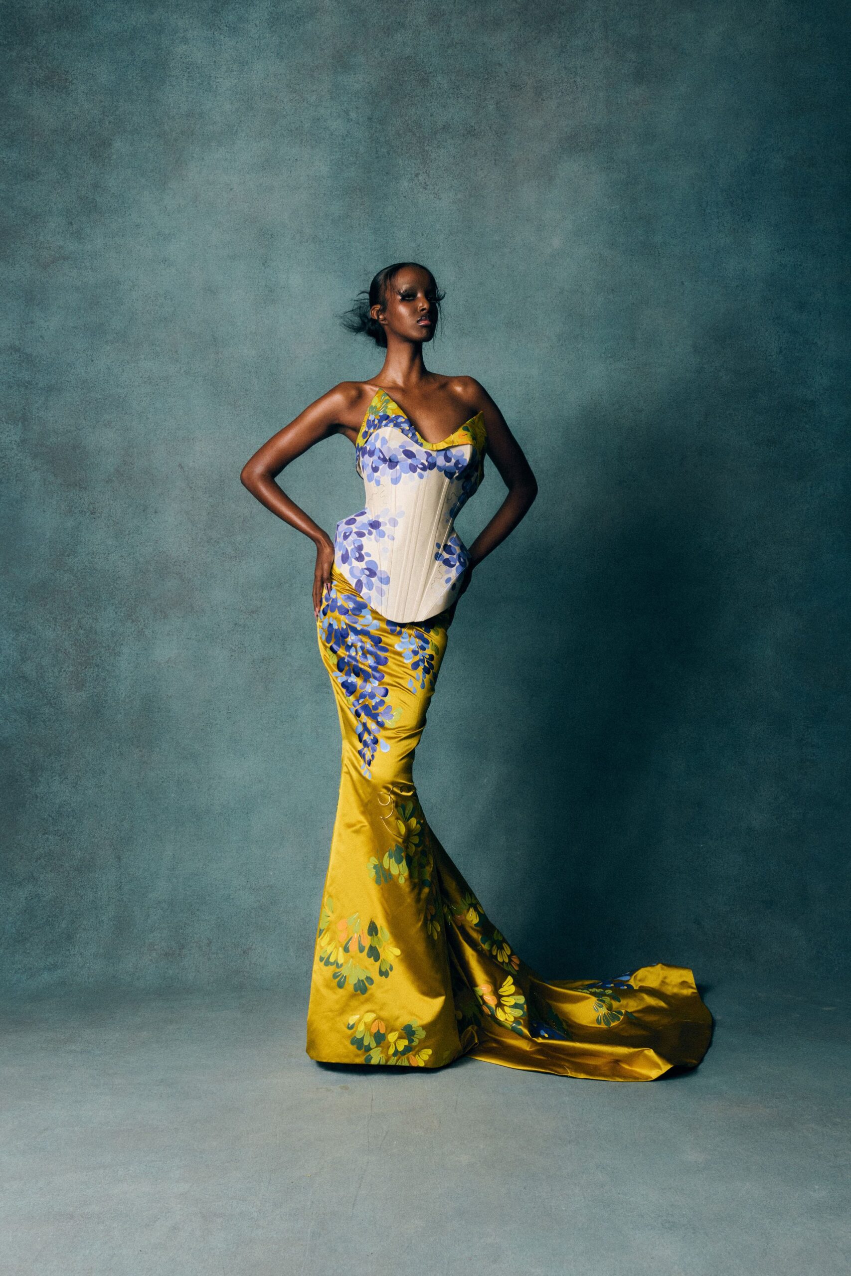 yellow silk sleeveless v-neck fitted floral ruched gown
