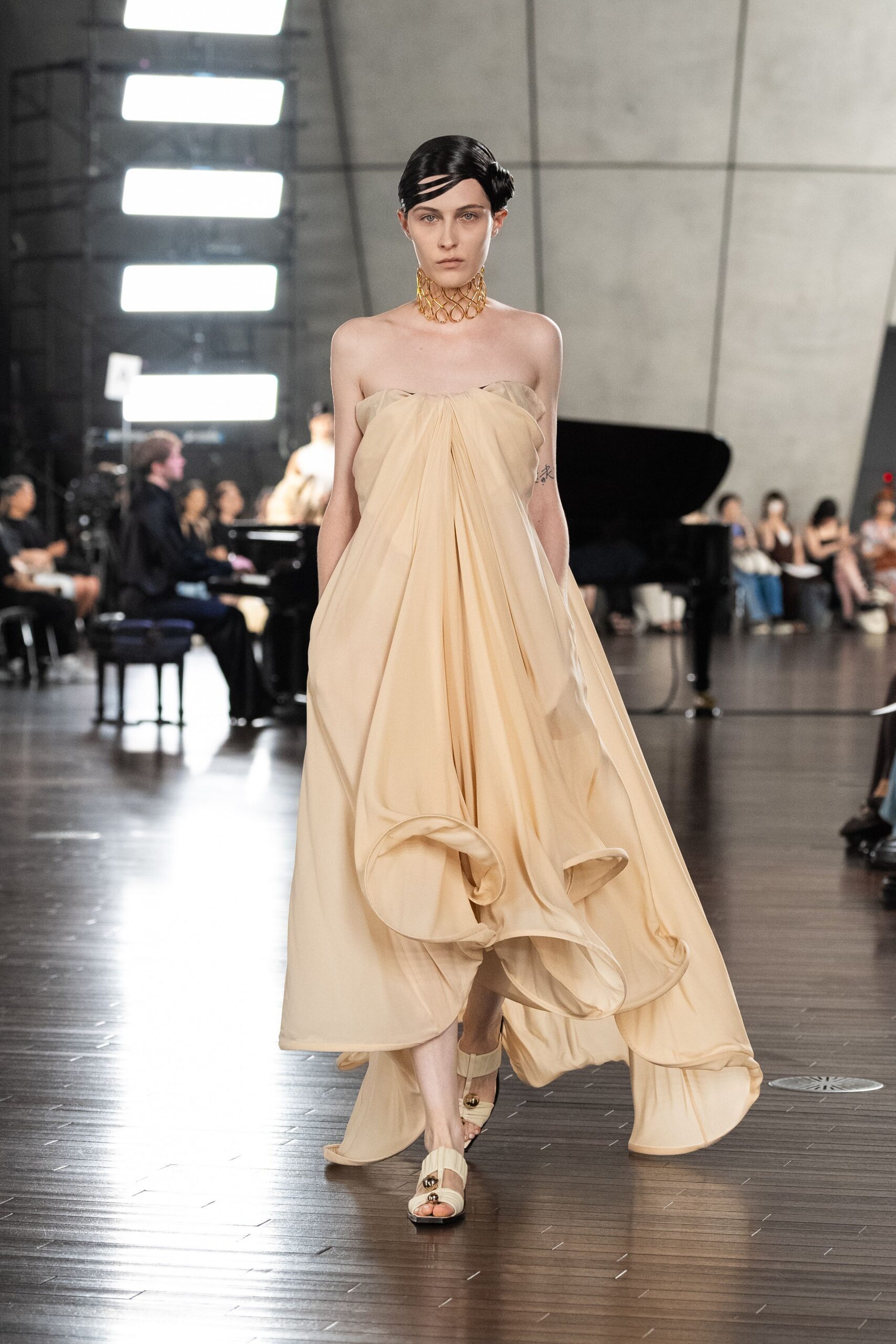 beige chiffon strapless fitted draped flowing maxi gown
