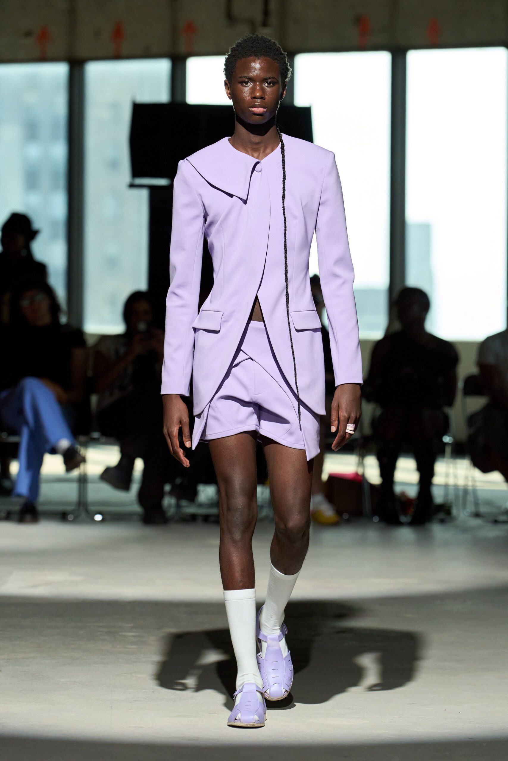 purple fitted blazer and shorts