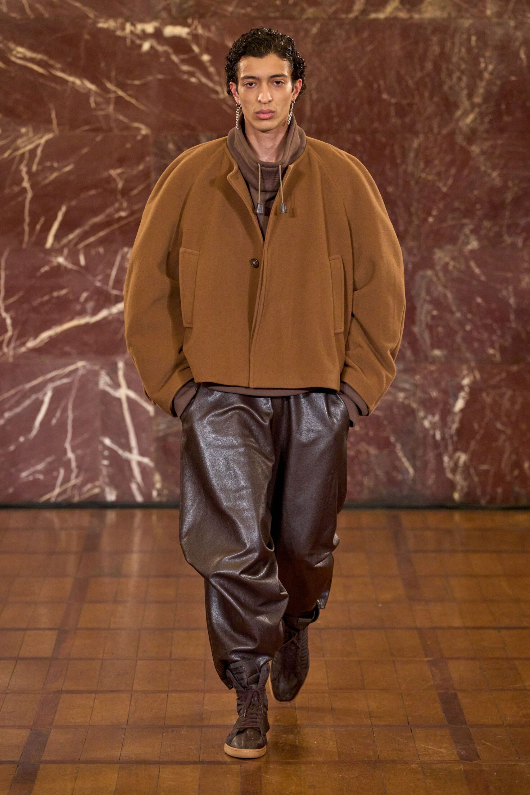 brown oversized jacket with relaxed pants