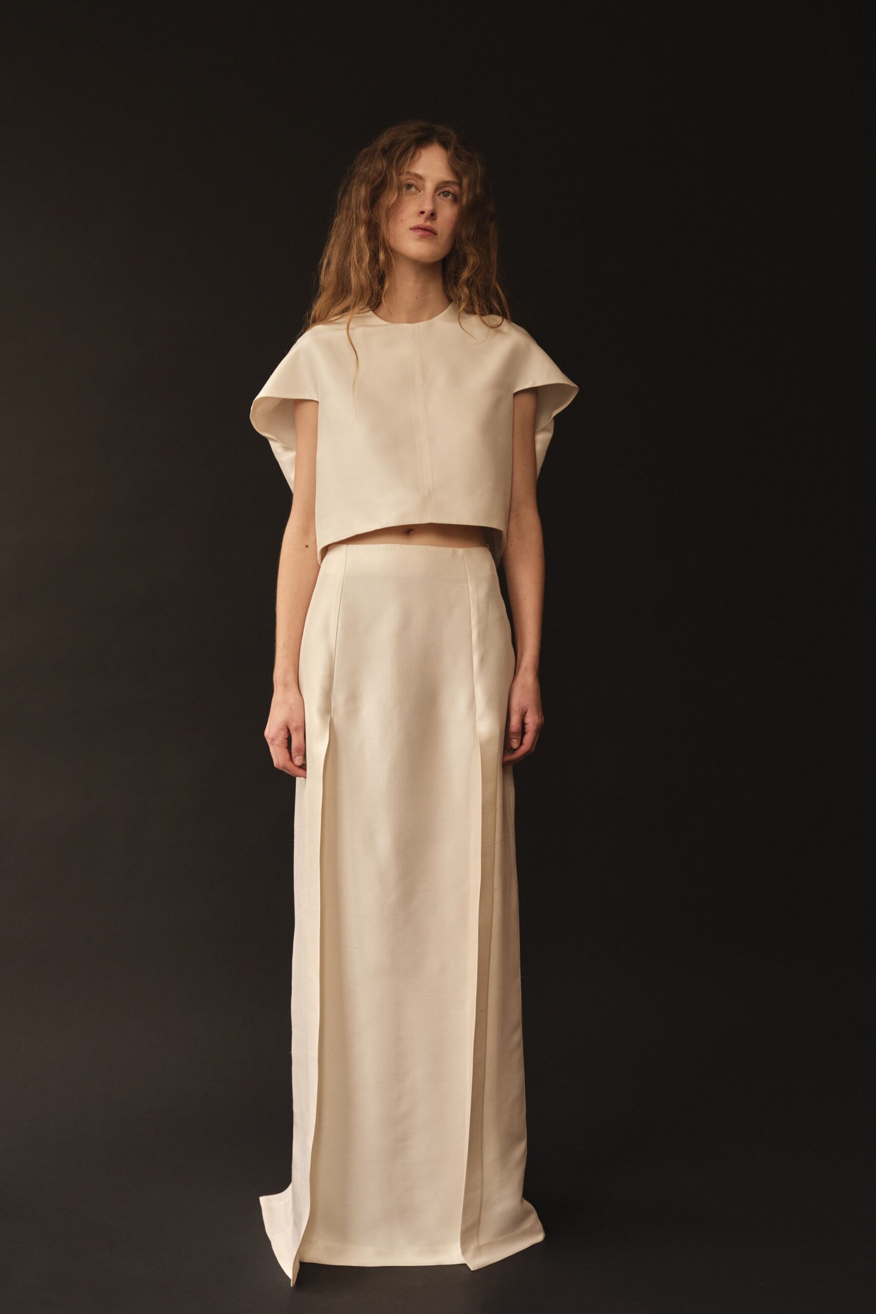 ivory silk long-sleeve slit fitted straight-leg maxi skirt