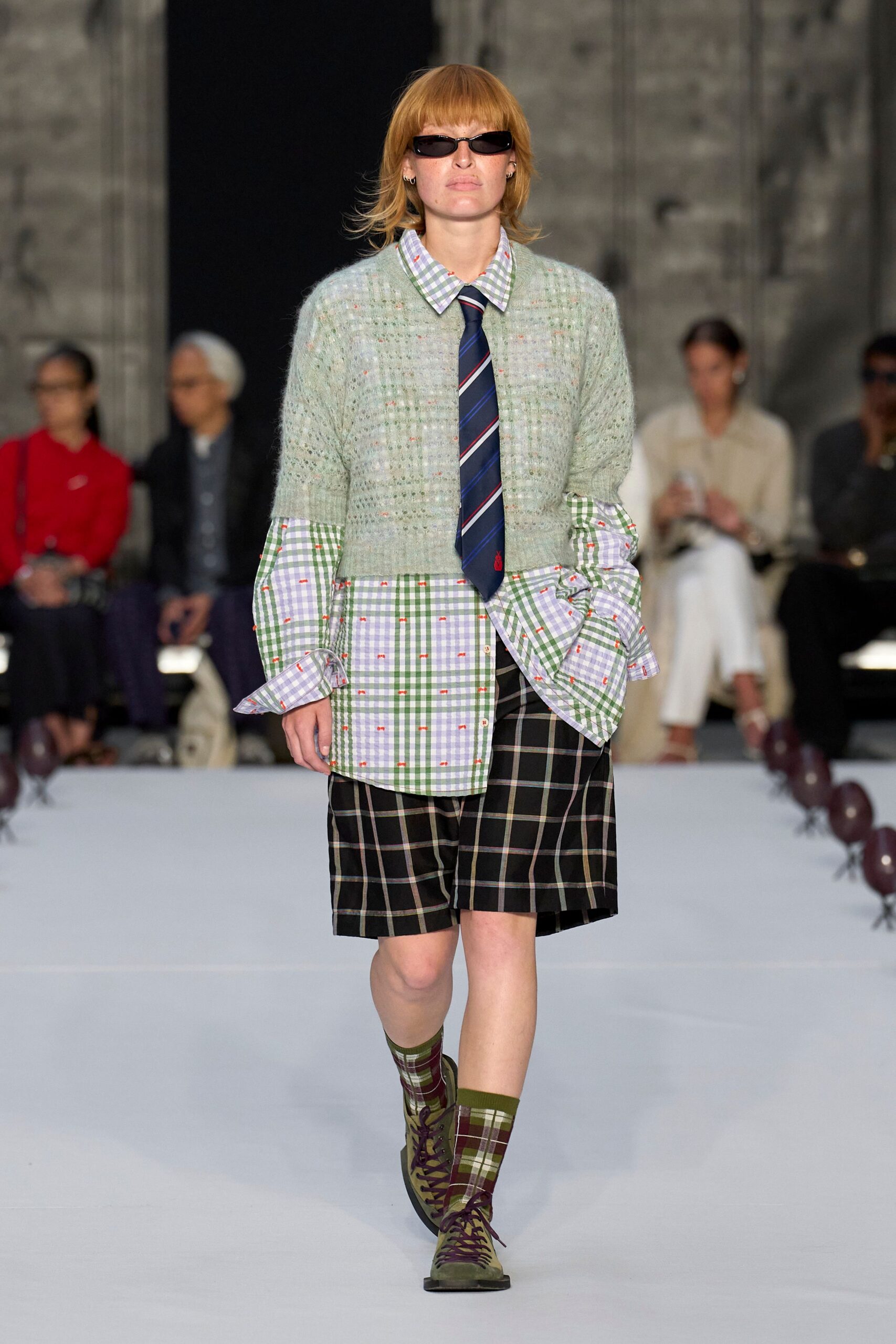 green cotton long-sleeve collared relaxed checked layered cardigan