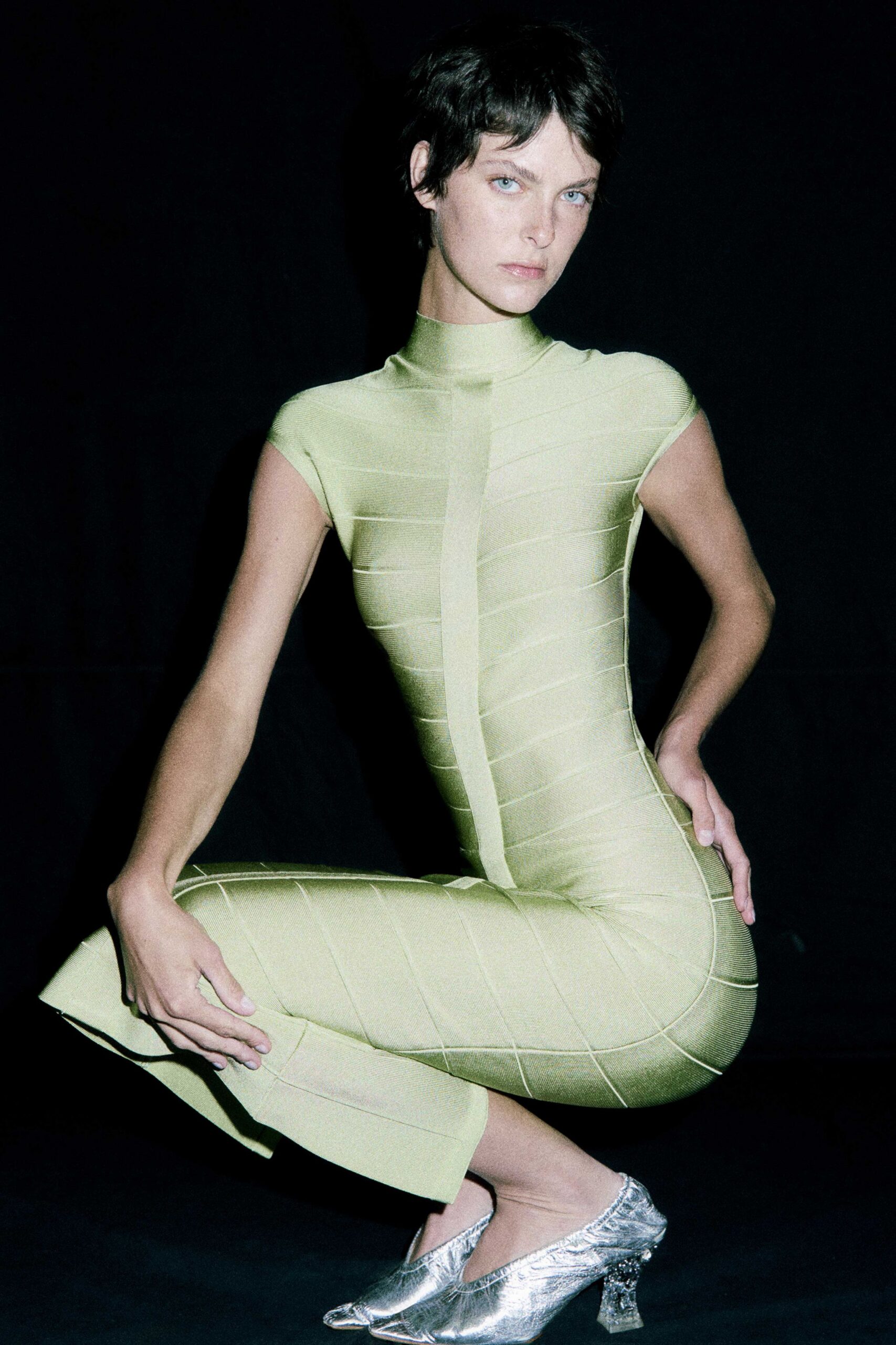 green knit short-sleeve high-neck fitted ribbed midi dress