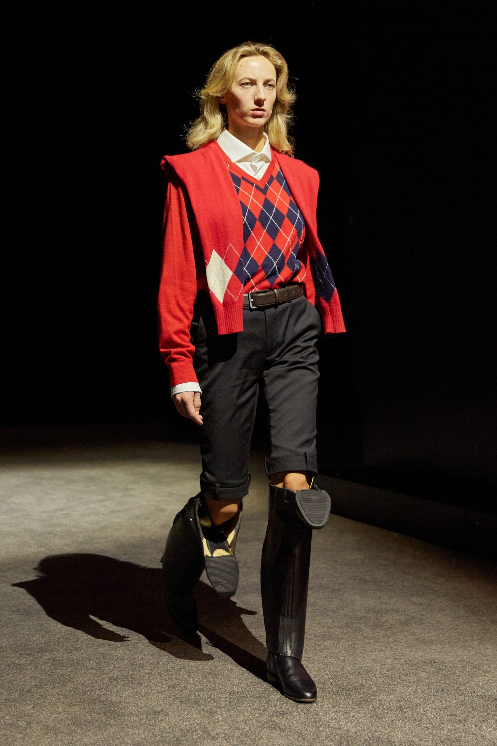 red wool sweater with argyle