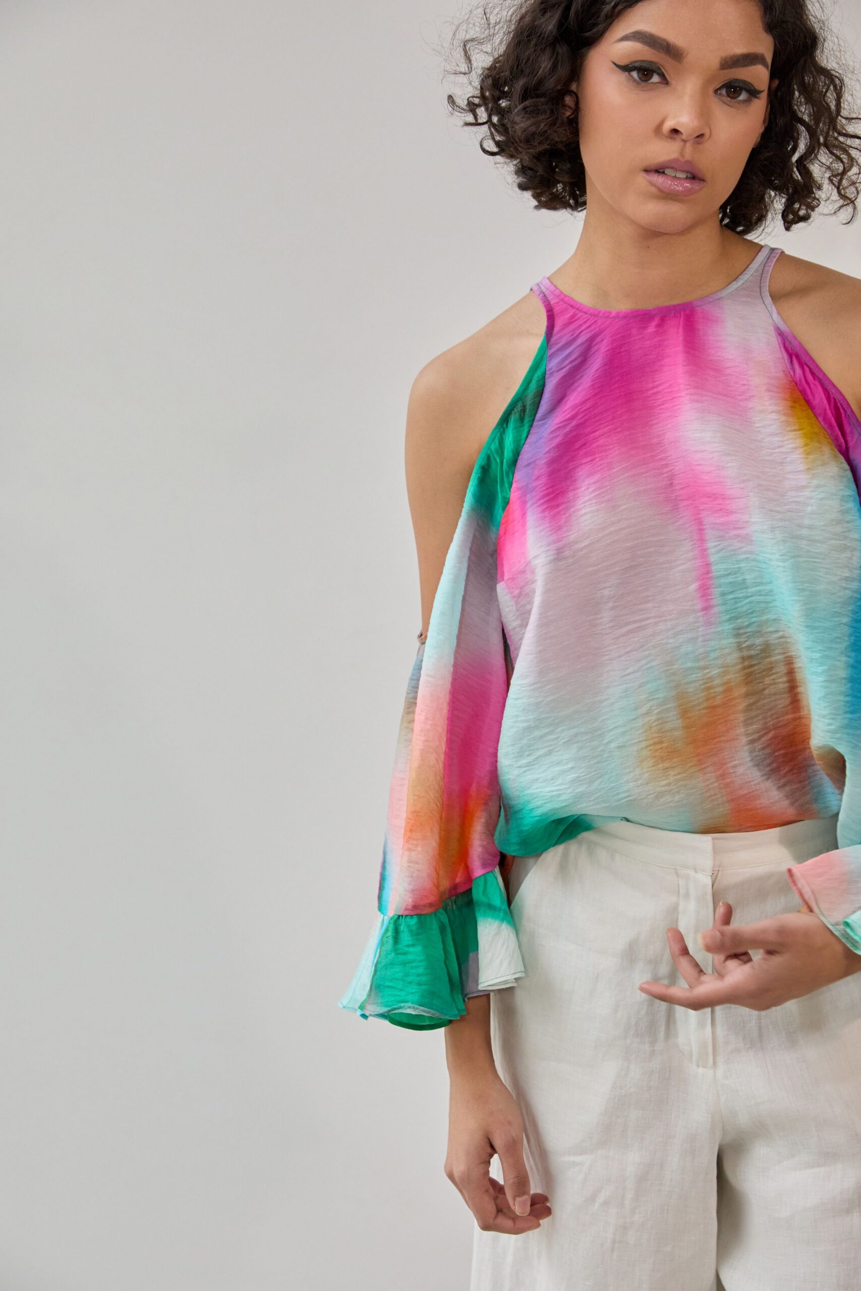 colorful silk top with linen pants