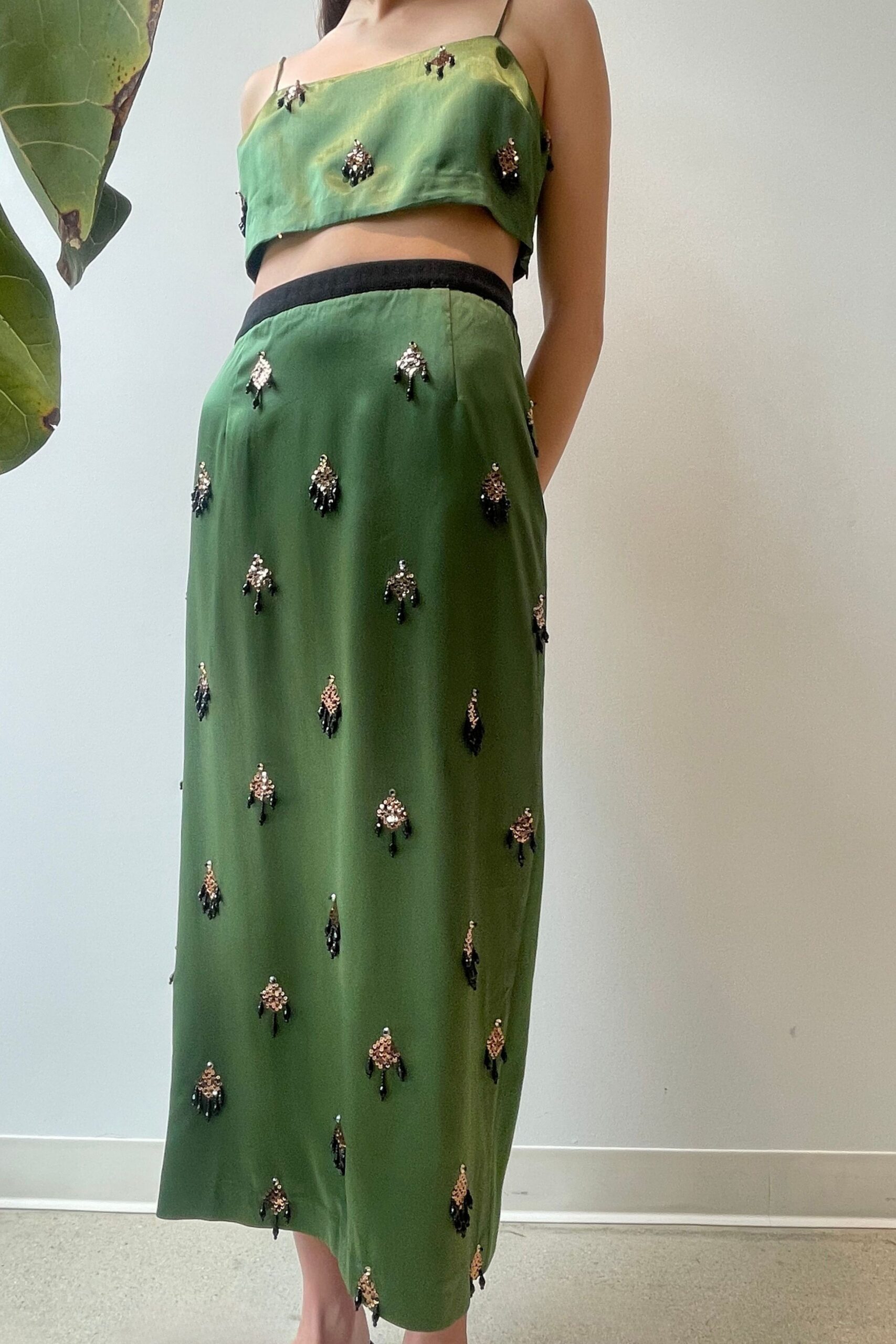 green silk sleeveless fitted embroidered top