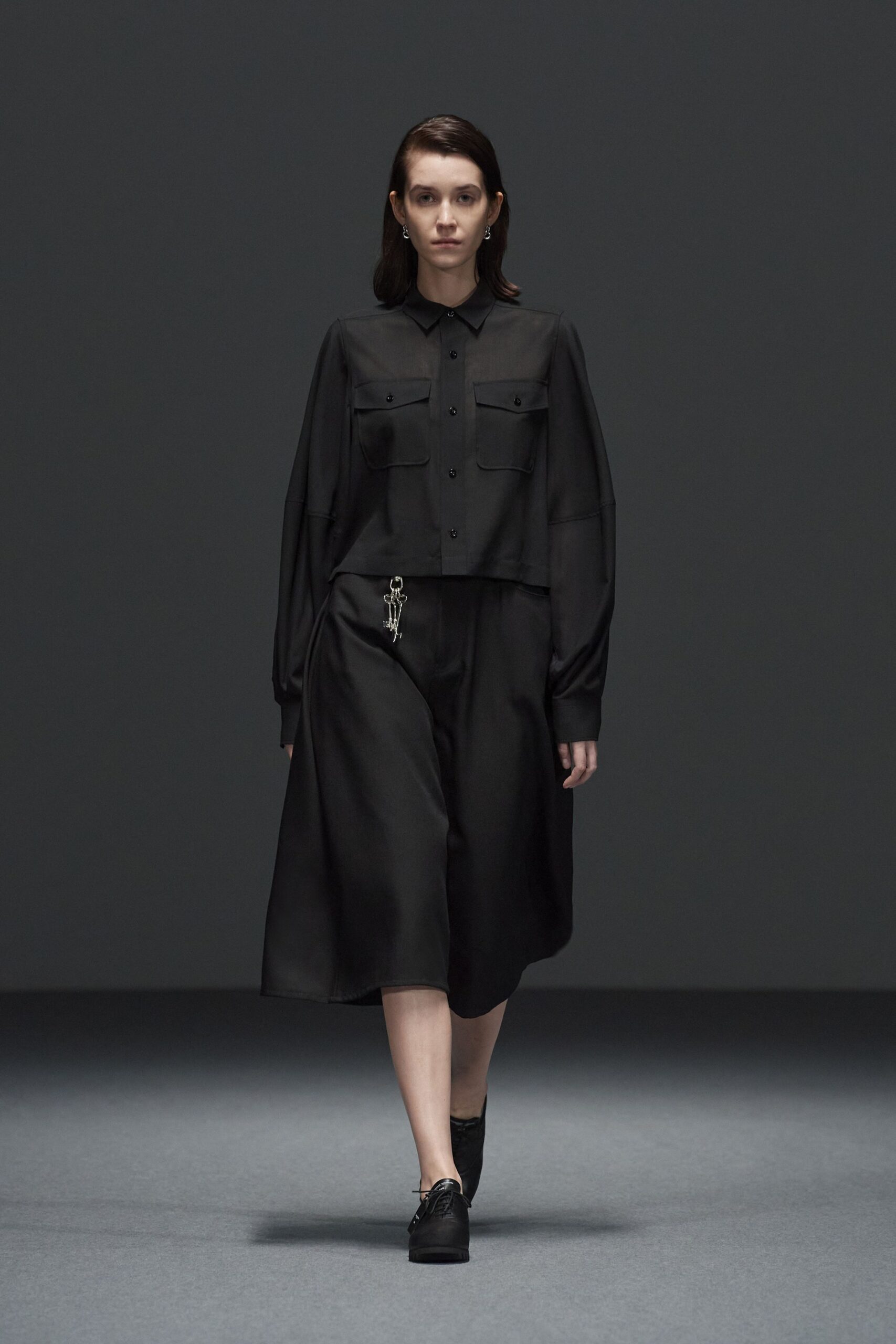 black silk long-sleeve collared relaxed buttoned top