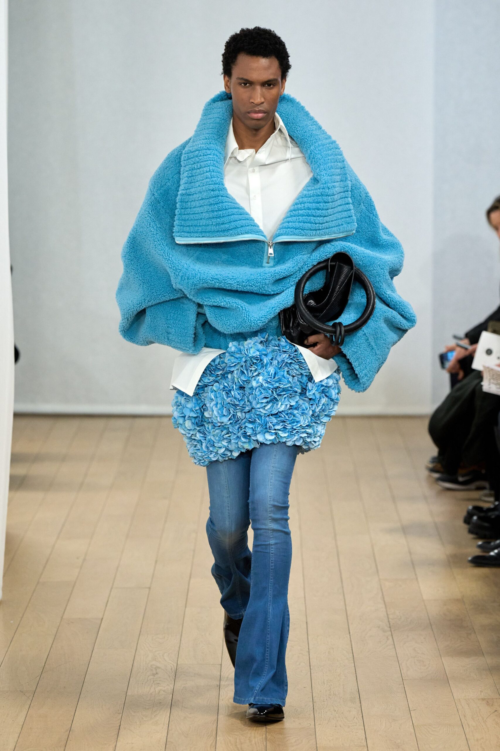 oversized blue jacket with ruffled skirt