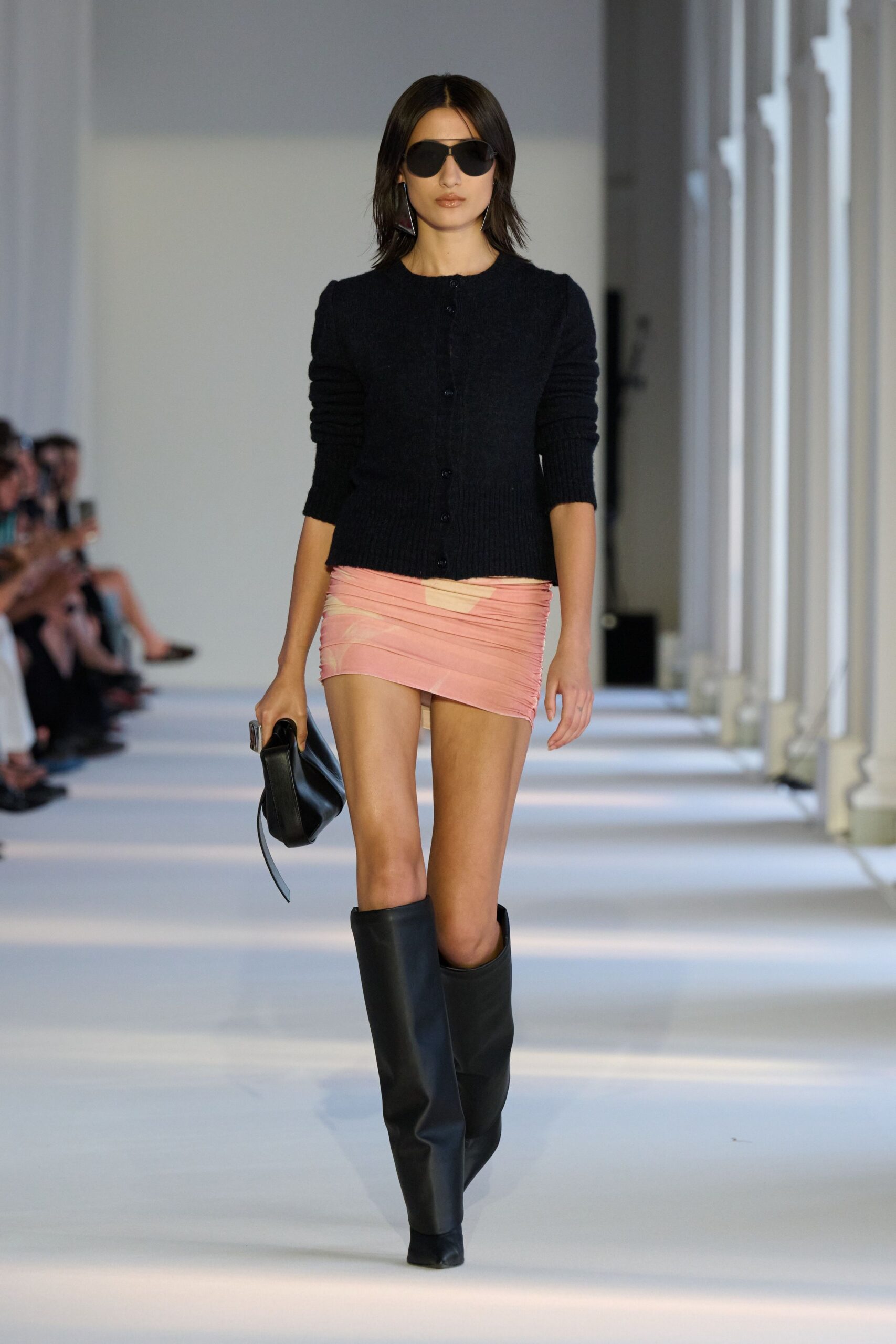 black cardigan pink ruched skirt