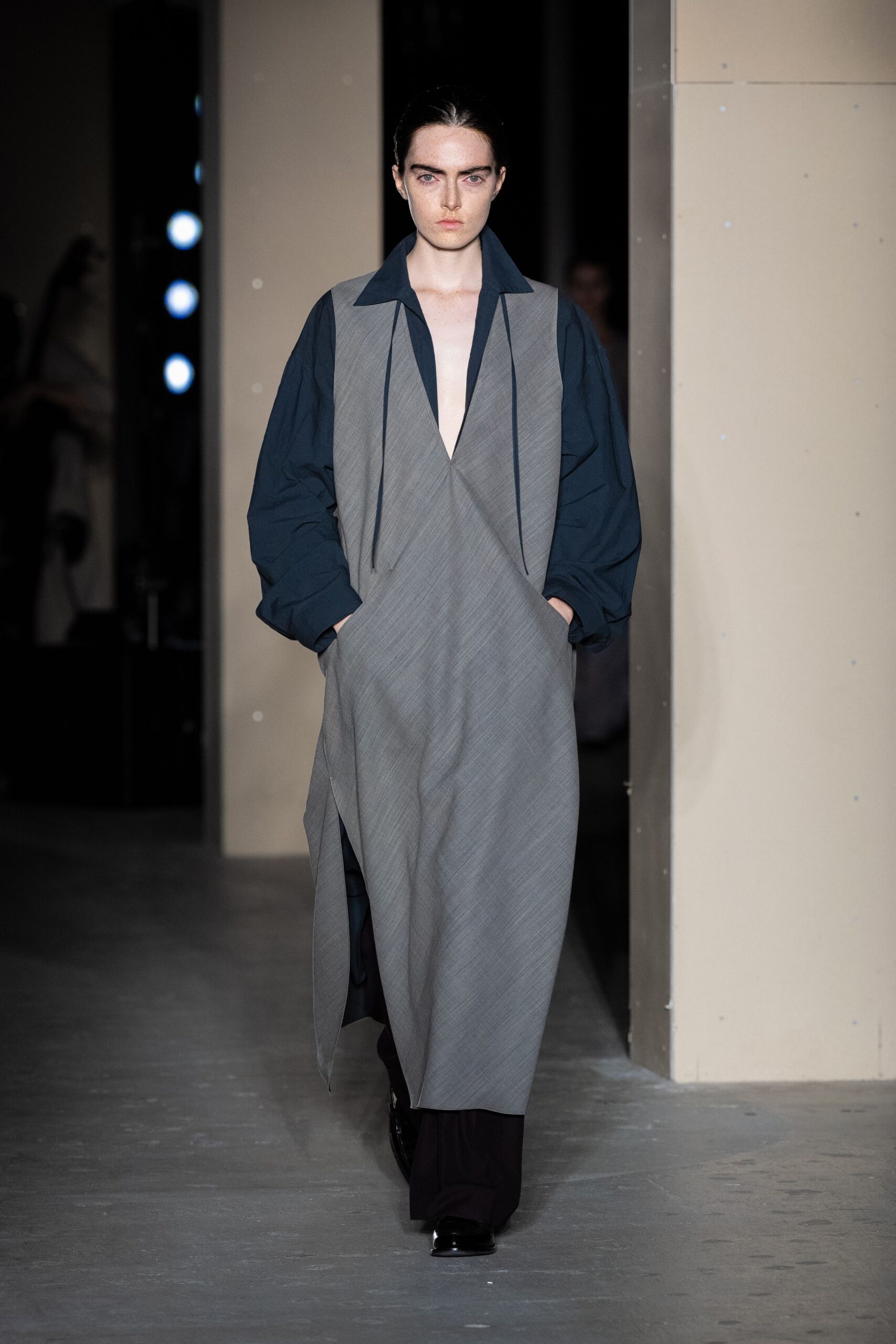 gray relaxed midi dress with black pants