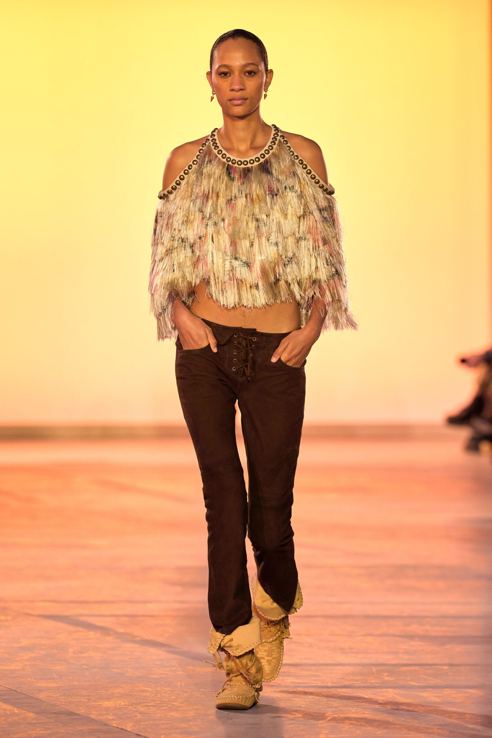 multi silk sleeveless off-shoulder fitted fringed top