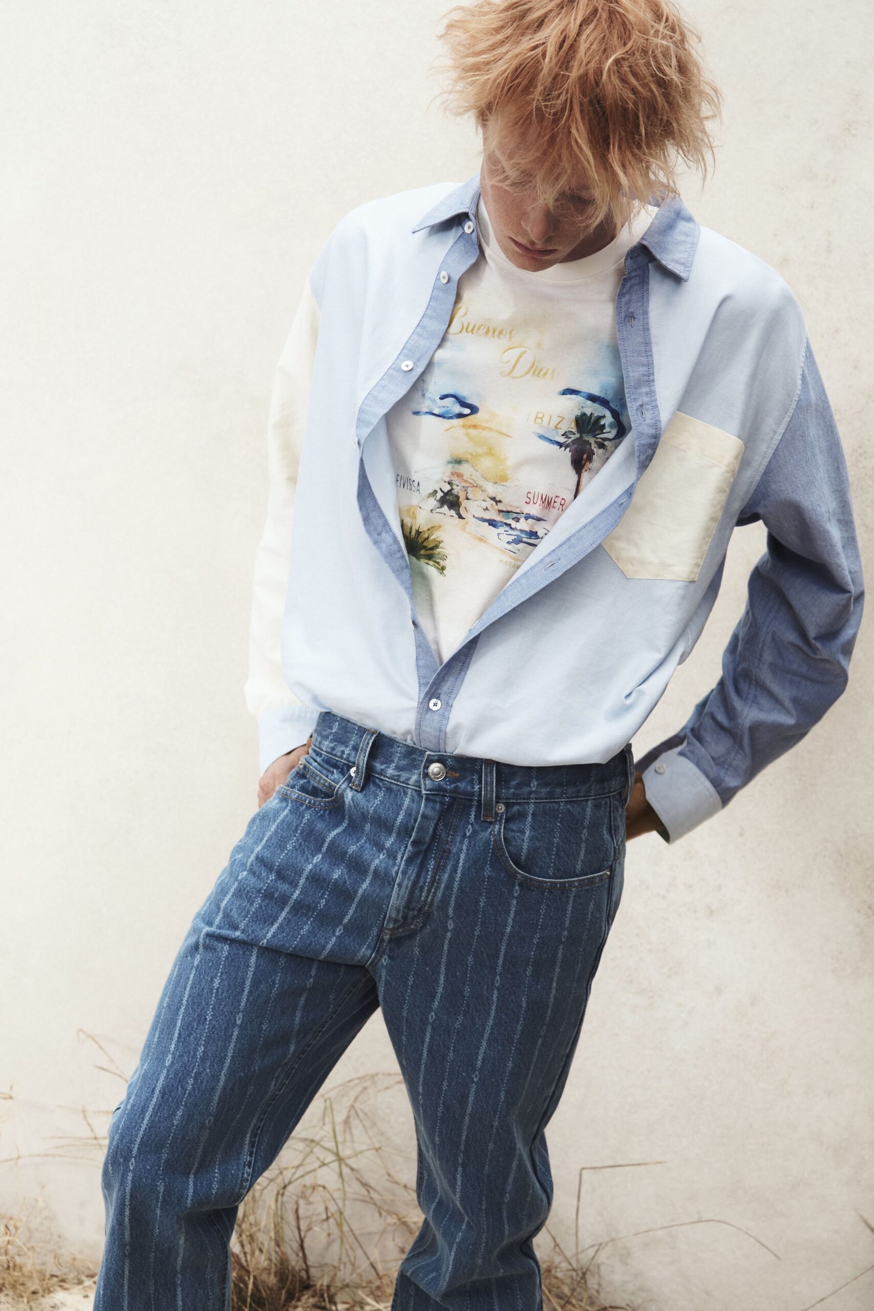 blue color-blocked shirt with jeans