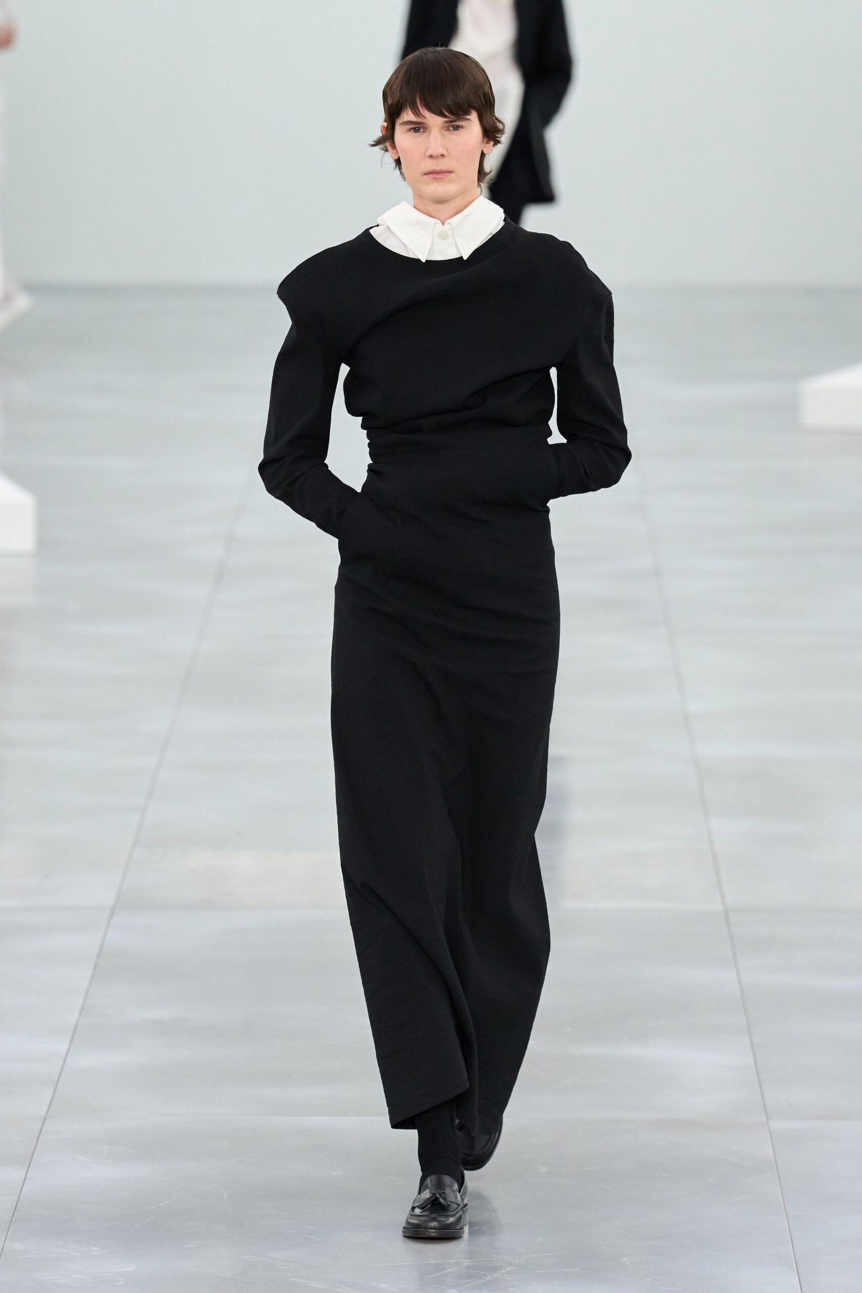 black cotton long-sleeve high-neck fitted straight-leg maxi dress