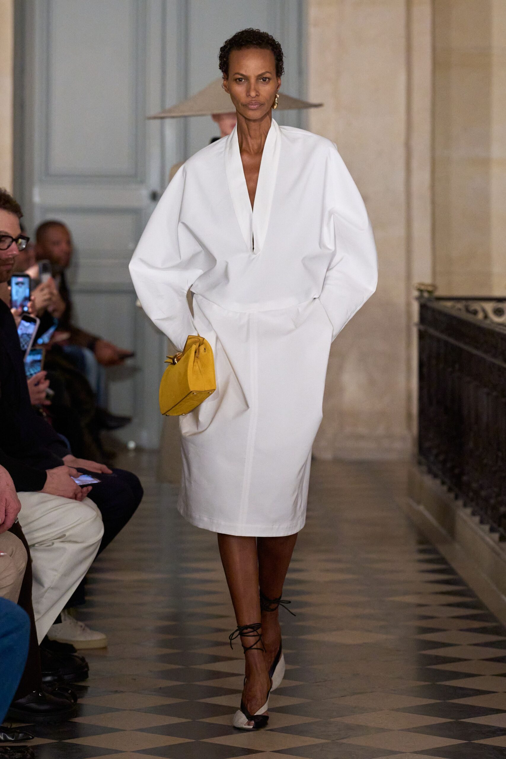 white cotton long-sleeve v-neck oversized pockets midi dress