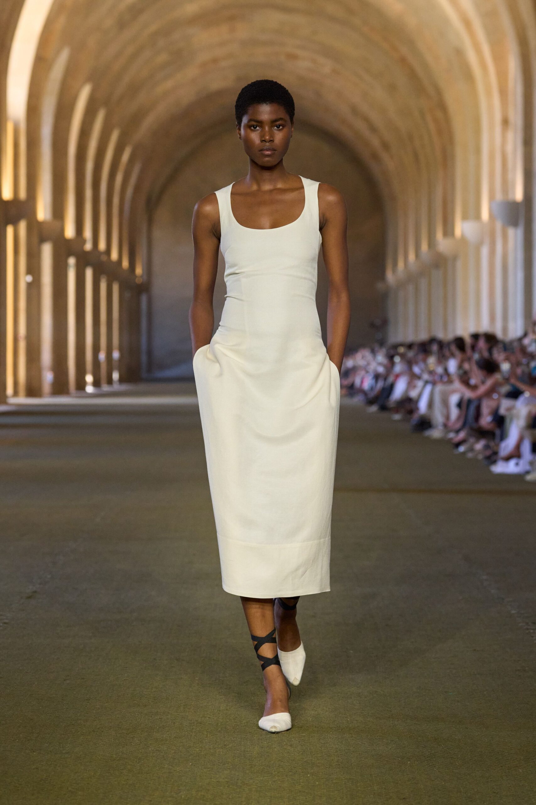 white fitted midi dress with shoes