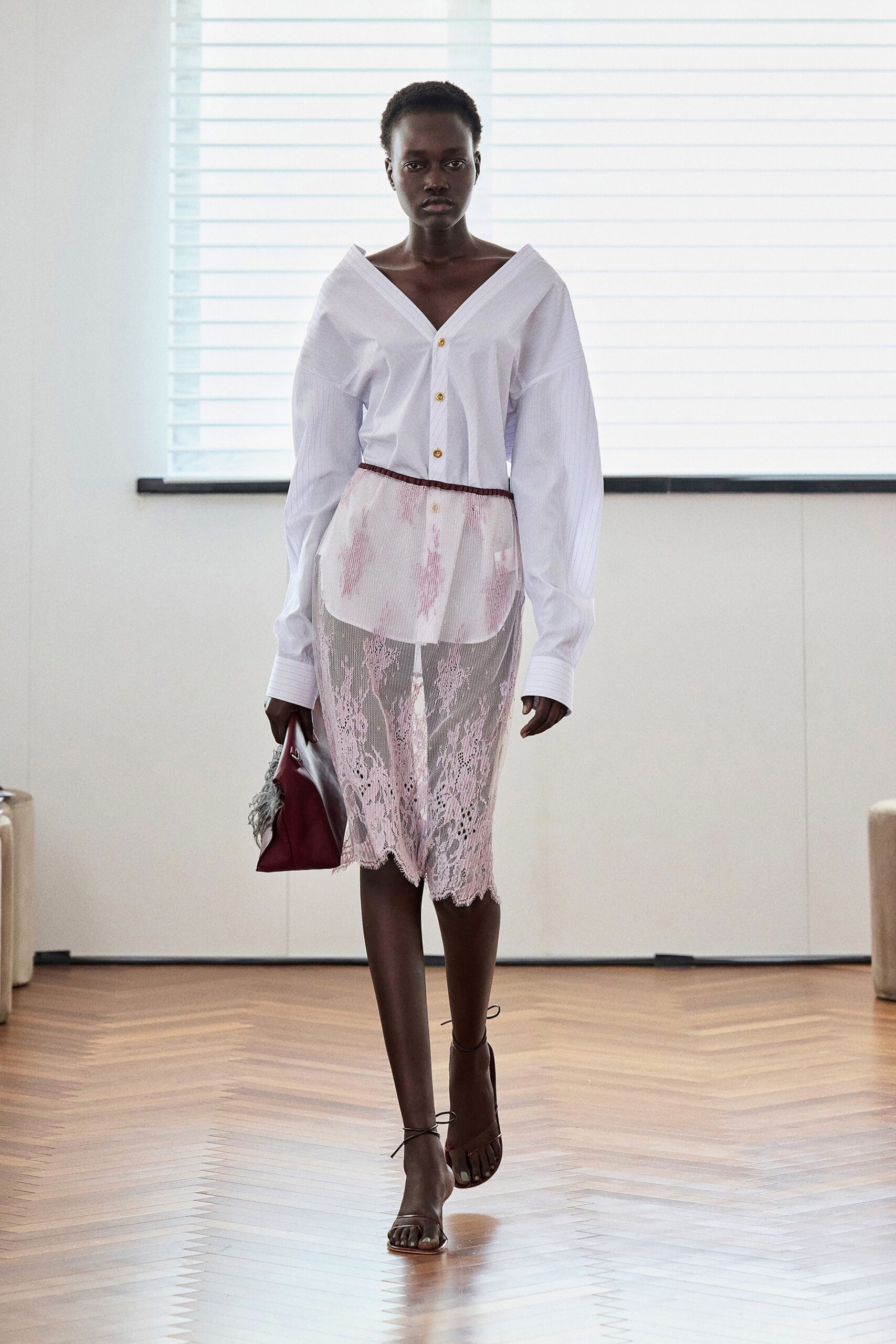 pink lace slit fitted midi skirt