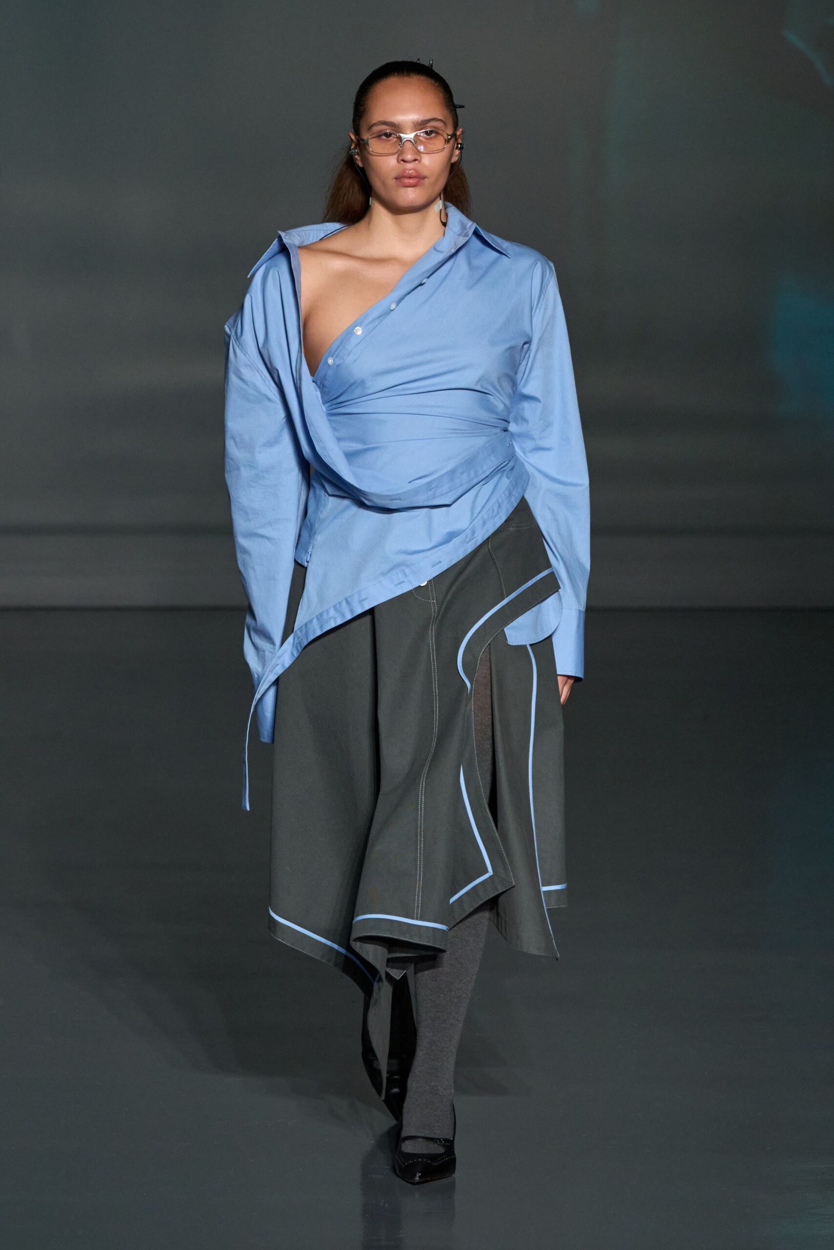 gray cotton asymmetric fitted layered skirt