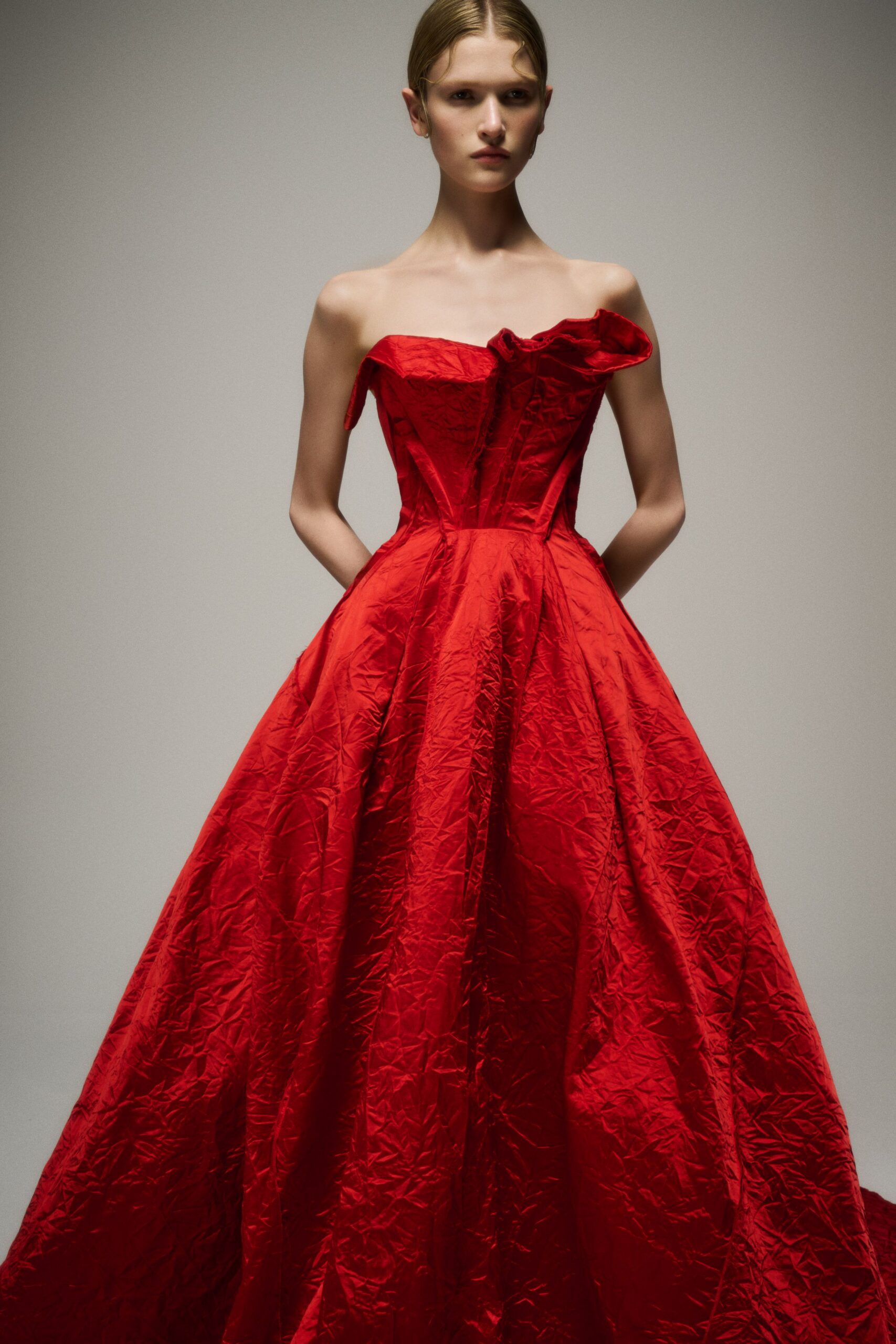 red silk strapless gown