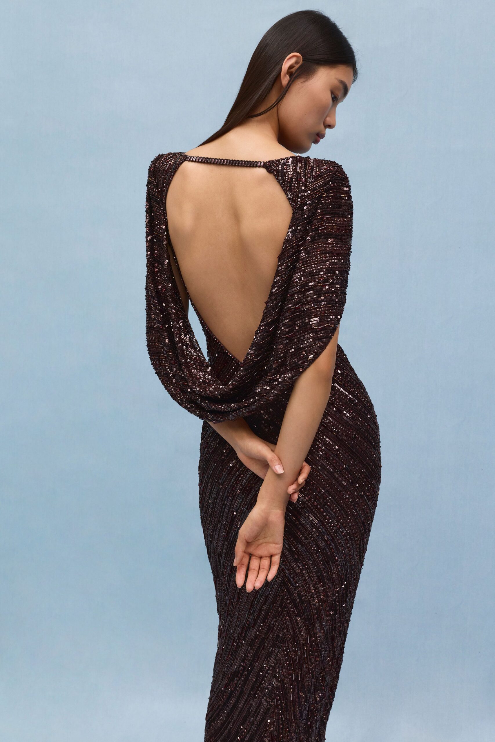 brown sequin backless gown