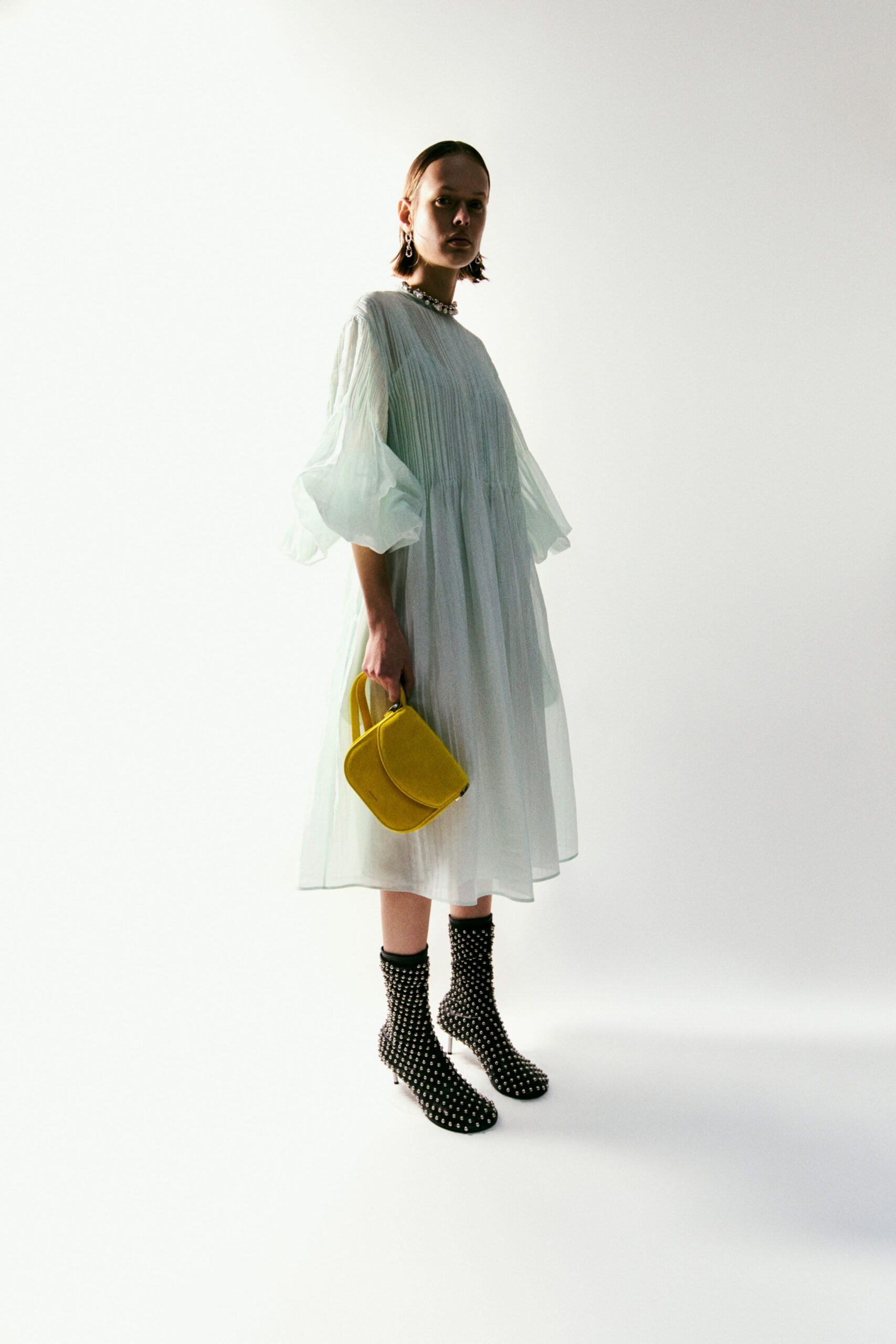 blue chiffon long-sleeve collared relaxed pleated flowing dress