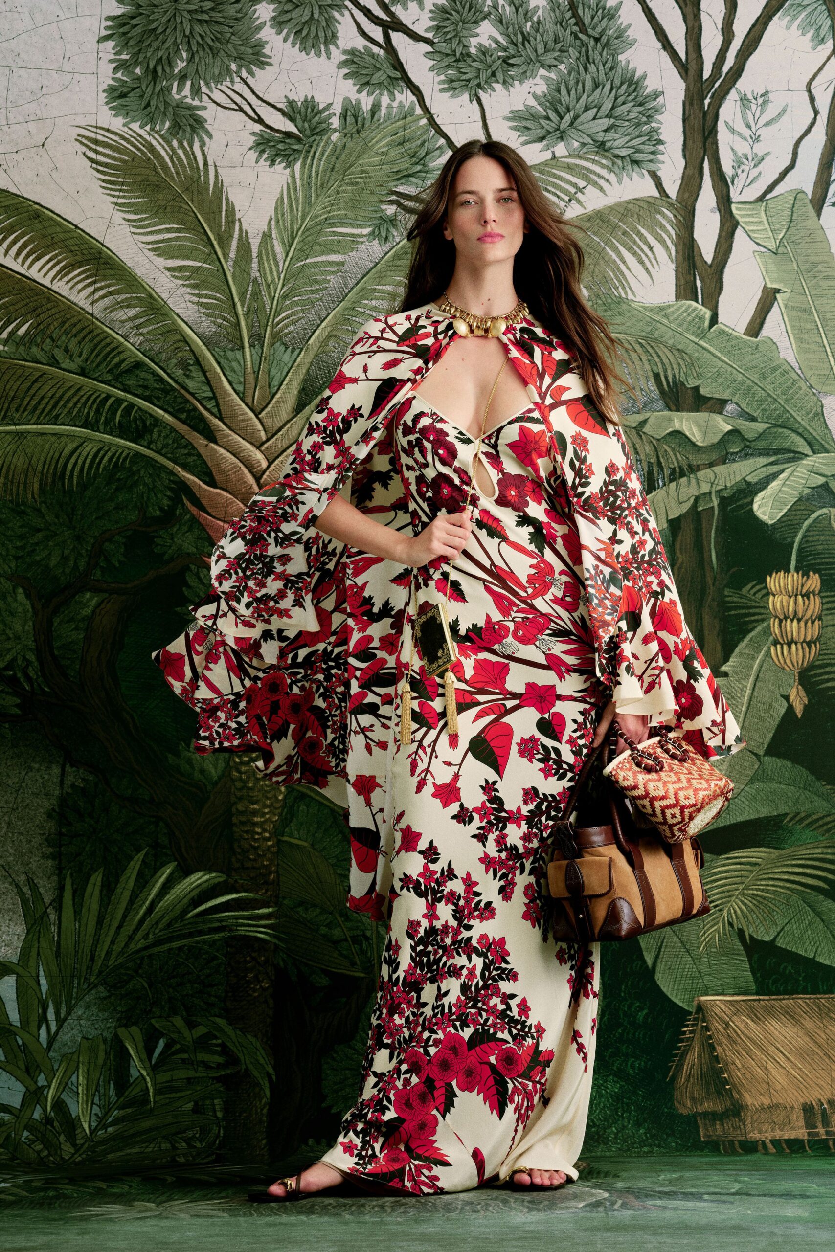 white silk long-sleeve v-neck fitted floral tiered gown