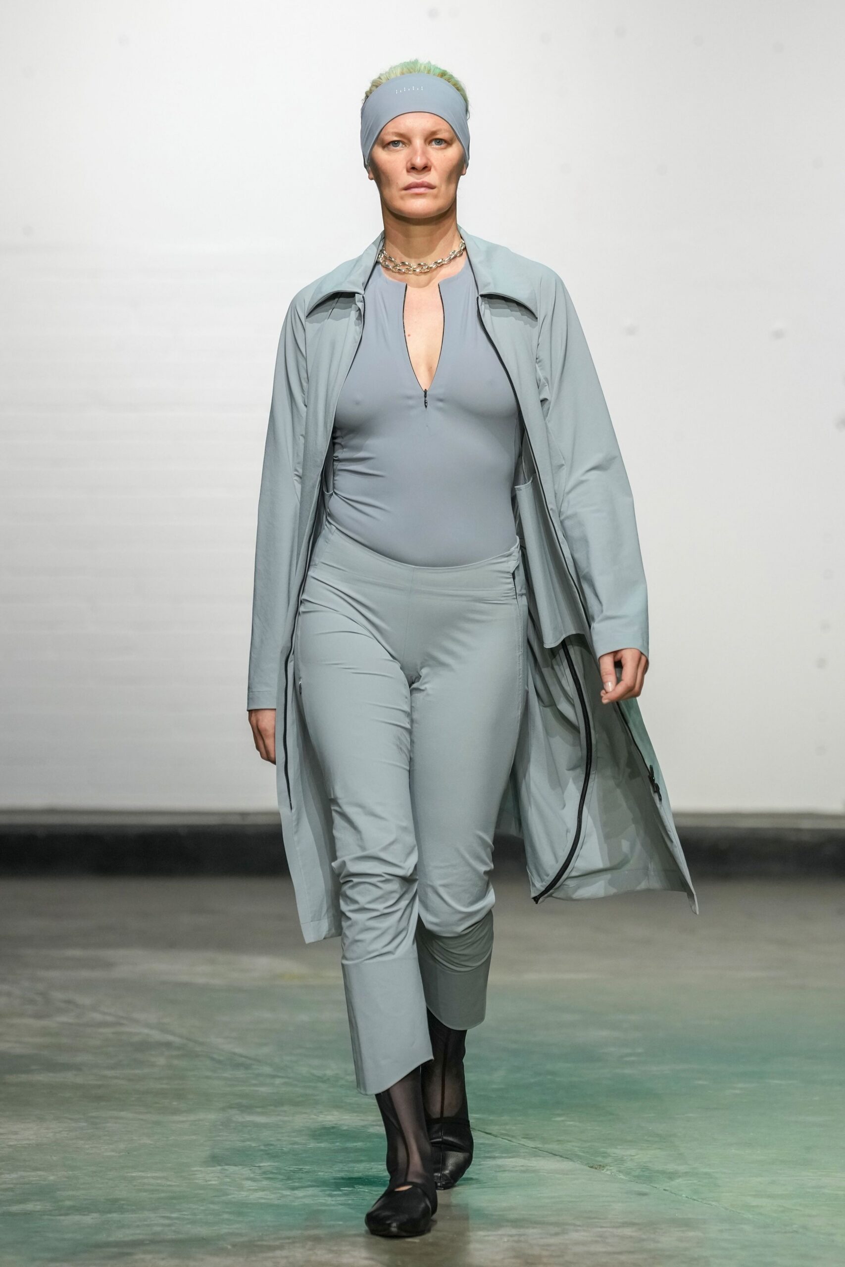 gray neoprene long-sleeve v-neck fitted jumpsuit