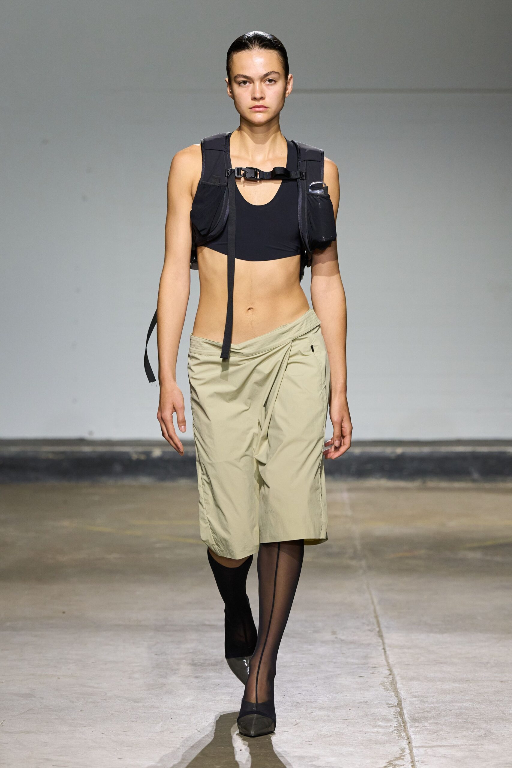 black fitted top beige asymmetric skirt