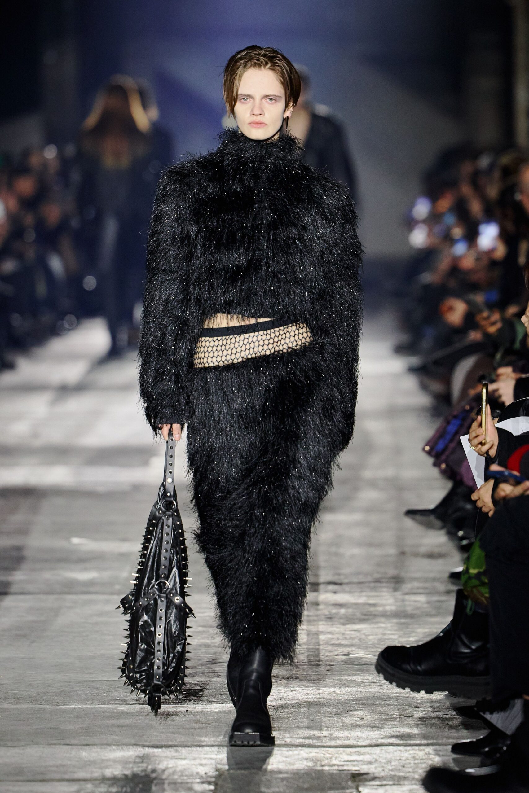 black fur long-sleeve fitted fringed midi dress