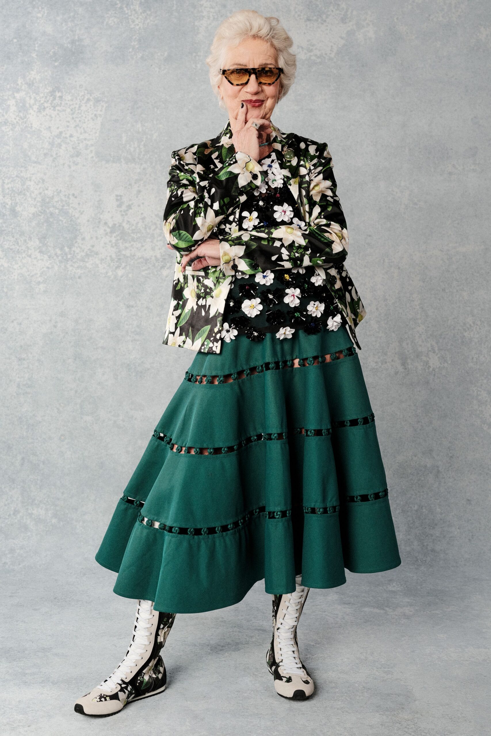 floral blazer and tiered skirt