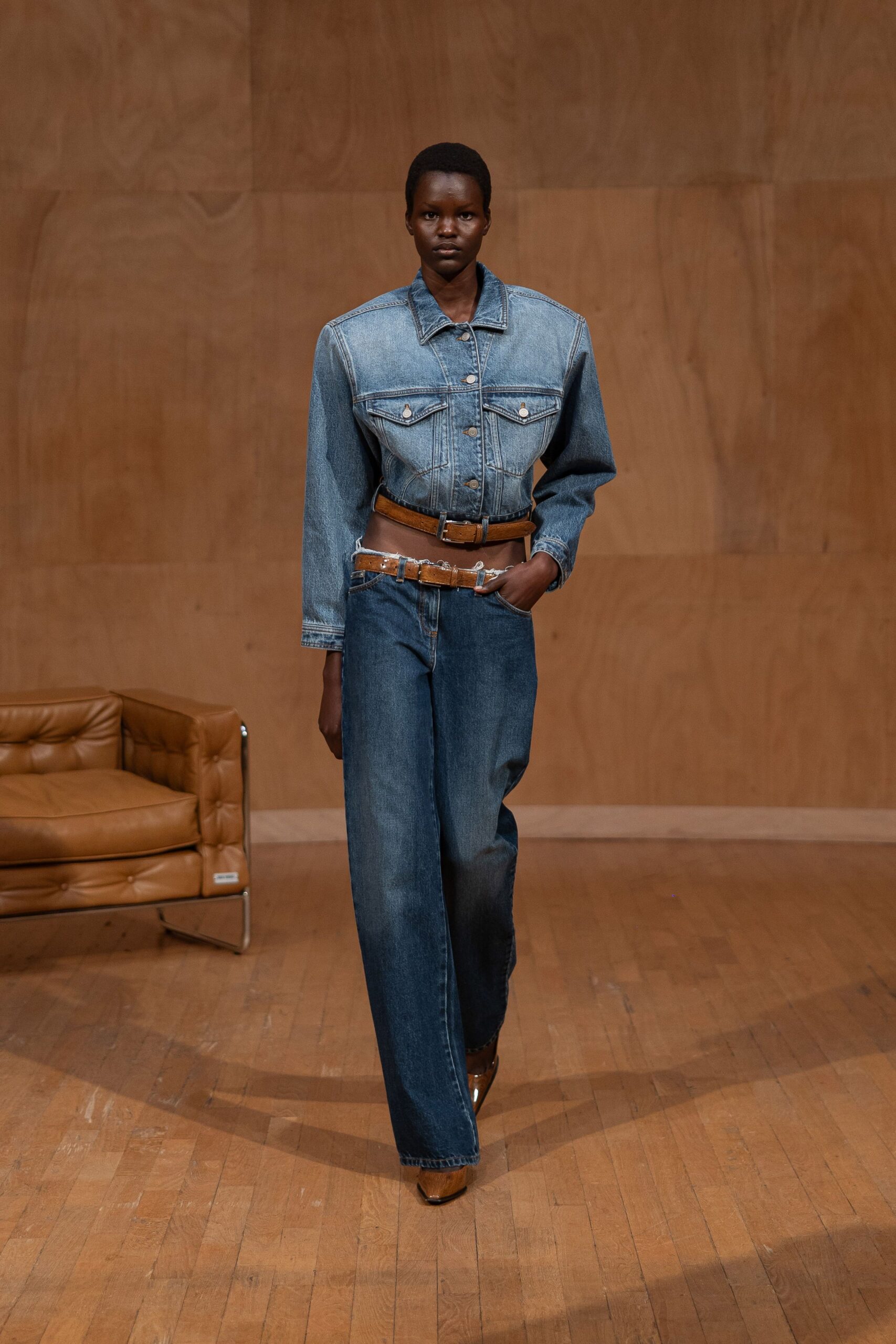 denim jacket and wide-leg pants