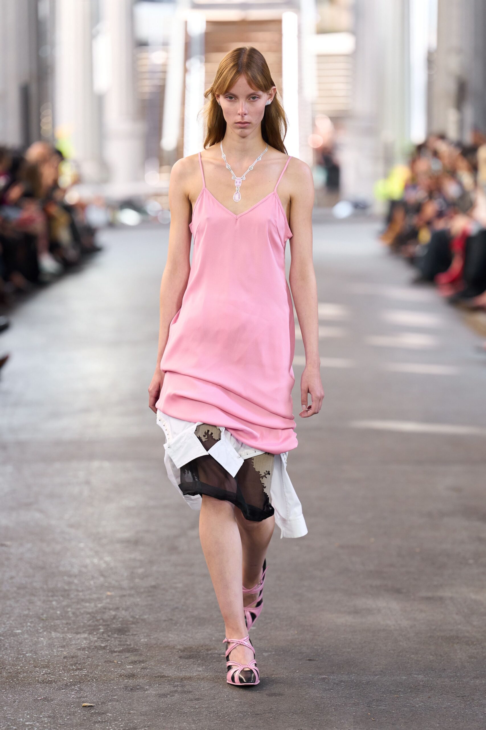 pink silk midi dress with layered skirts